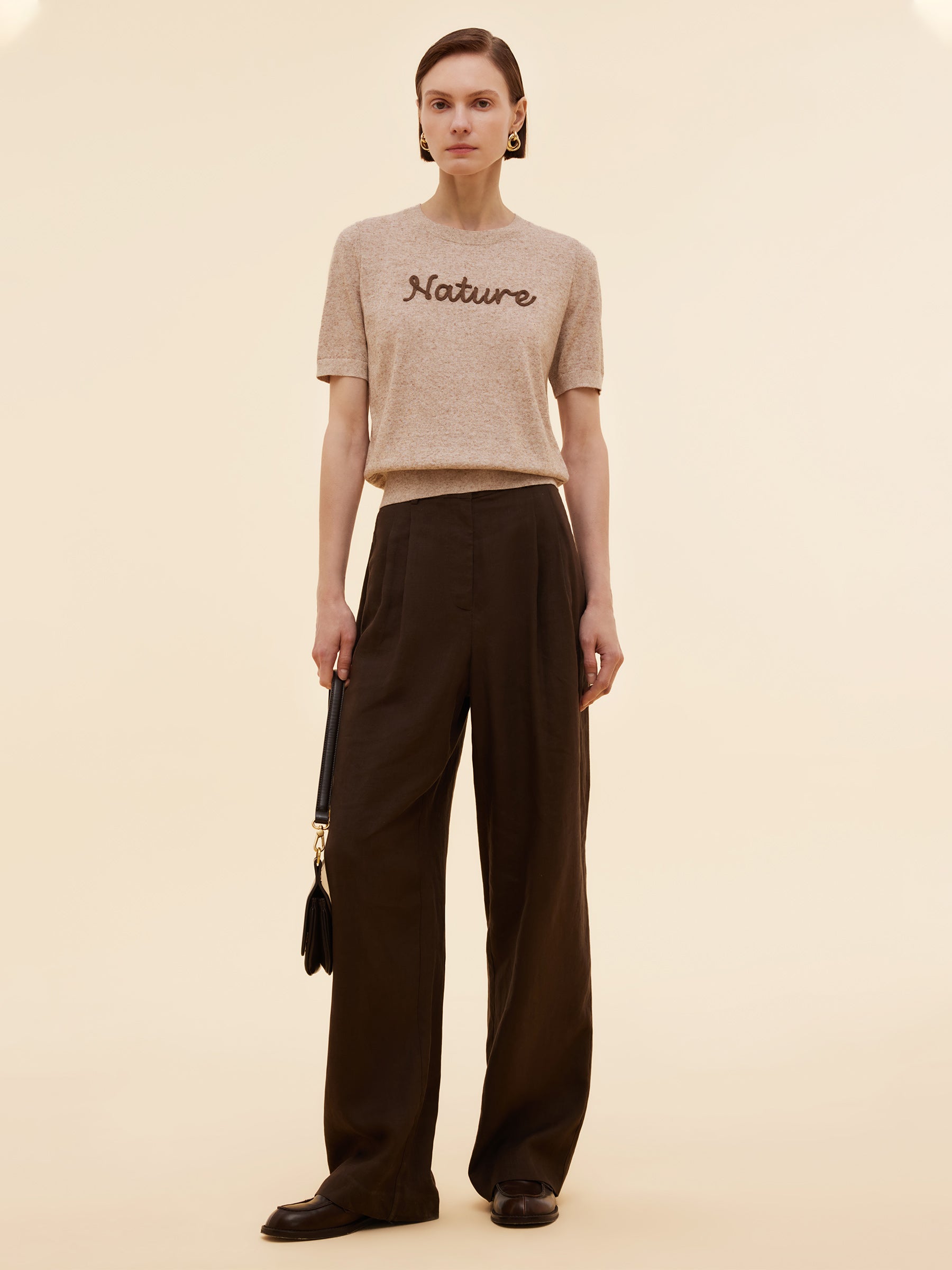 Linen Blend Letter Embroidered Women Knit Top