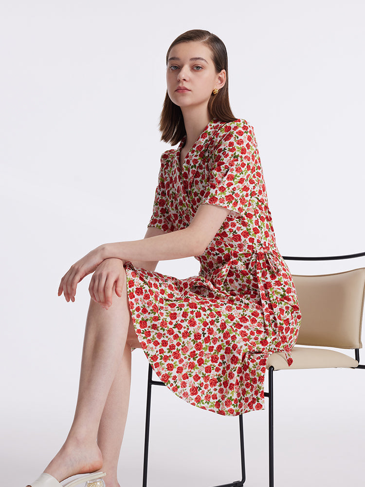 Rose Print Wrapped Ruffle Women Mini Dress