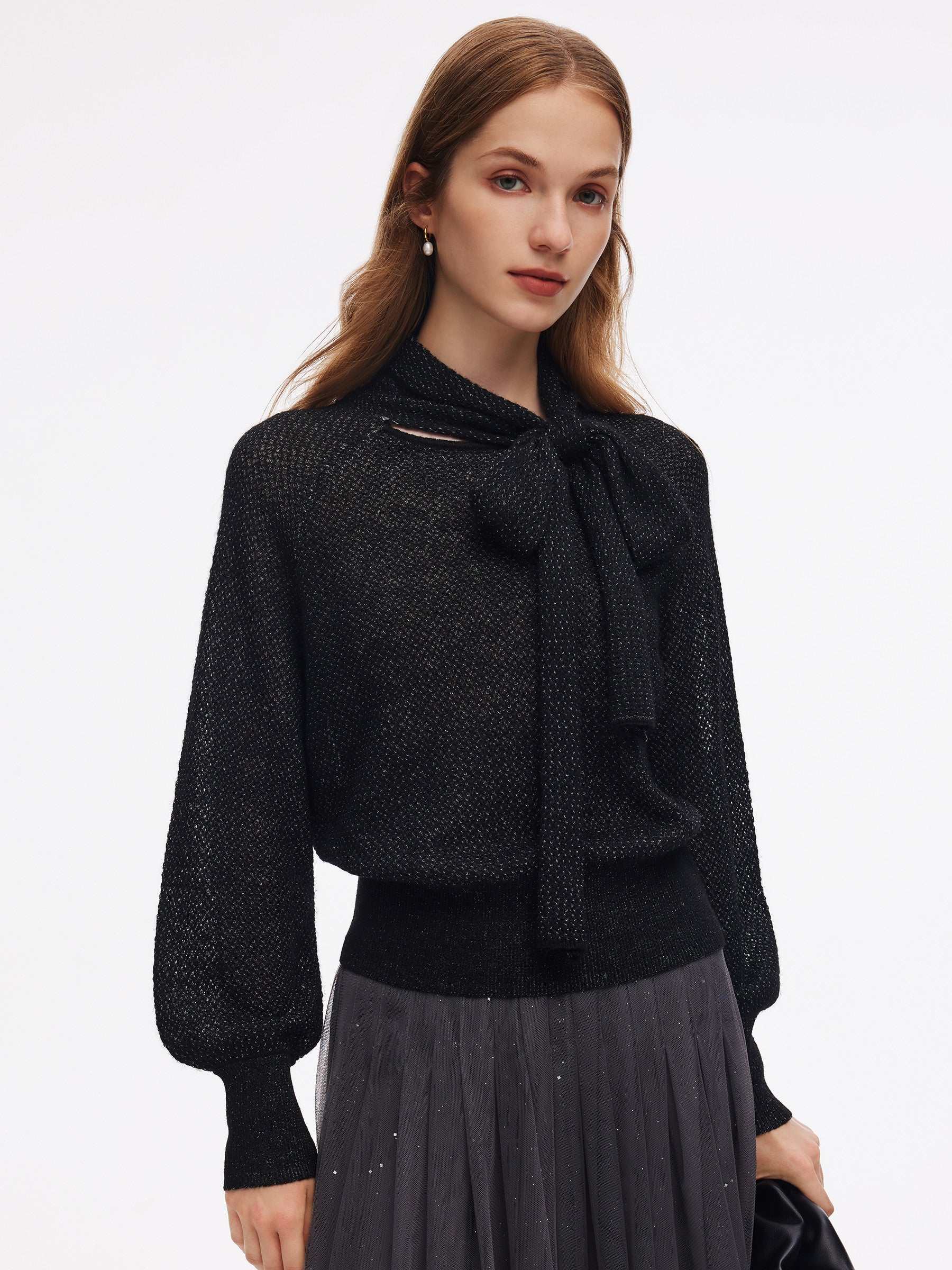 Tie Front Balloon Sleeve Women Knit Top