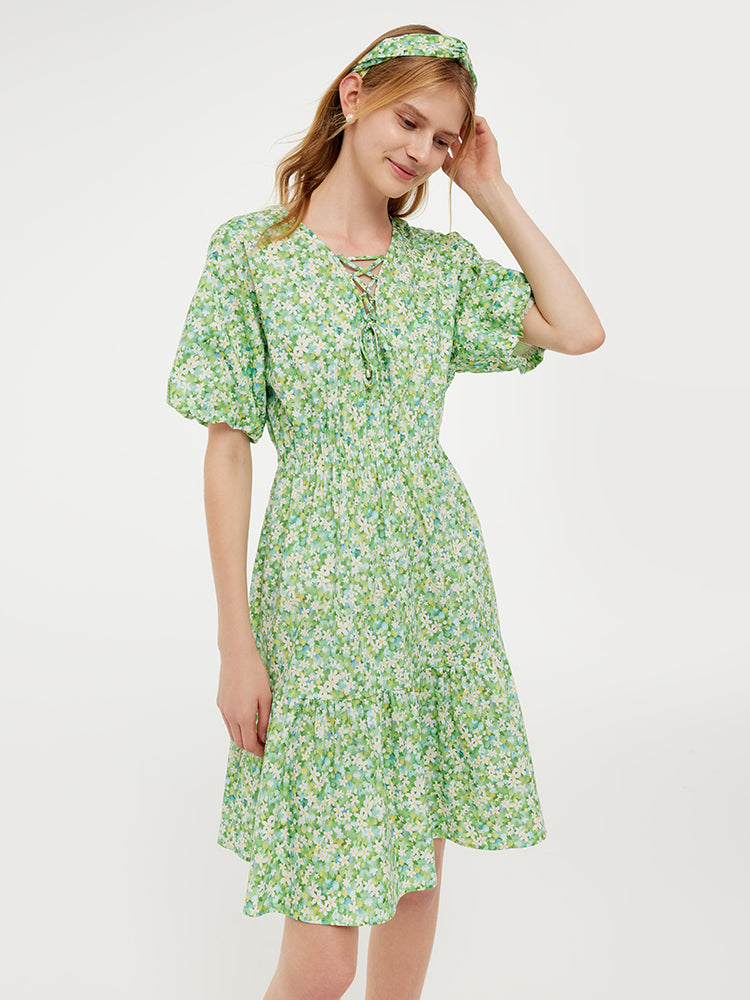 Cotton Floral Print Drawstring Front Women Mini Dress With Hairband