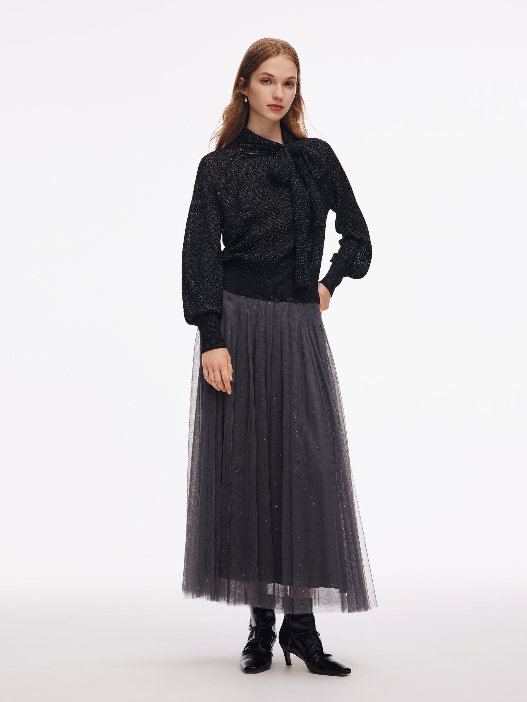 Tie Front Balloon Sleeve Women Knit Top