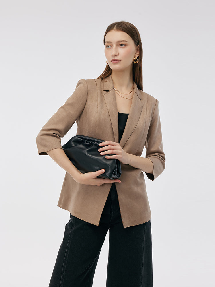 Faux Suede One Button 3/4 Sleeve Women Blazer