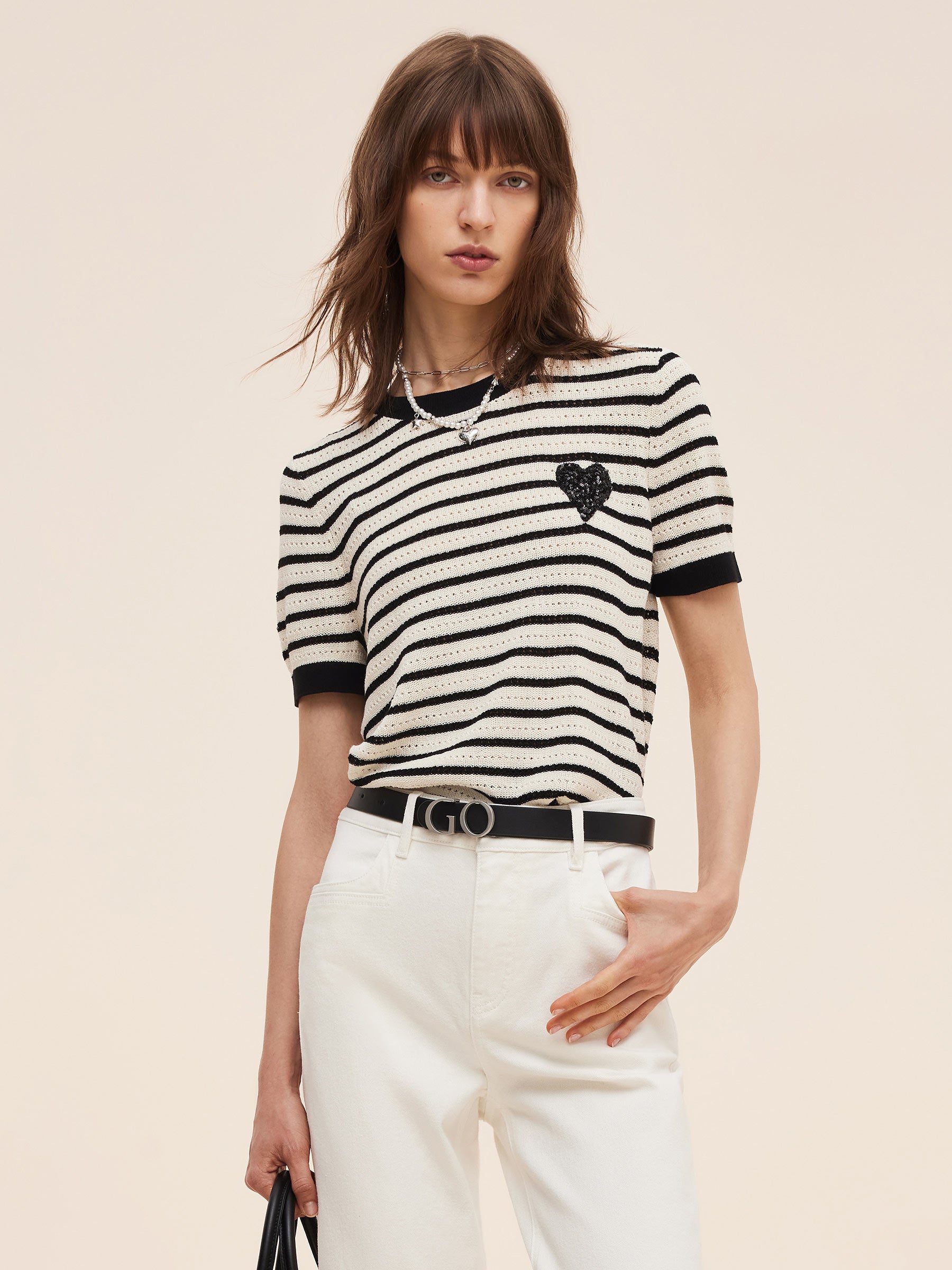 100% Cotton Stripe Women Openwork Knit T-Shirt