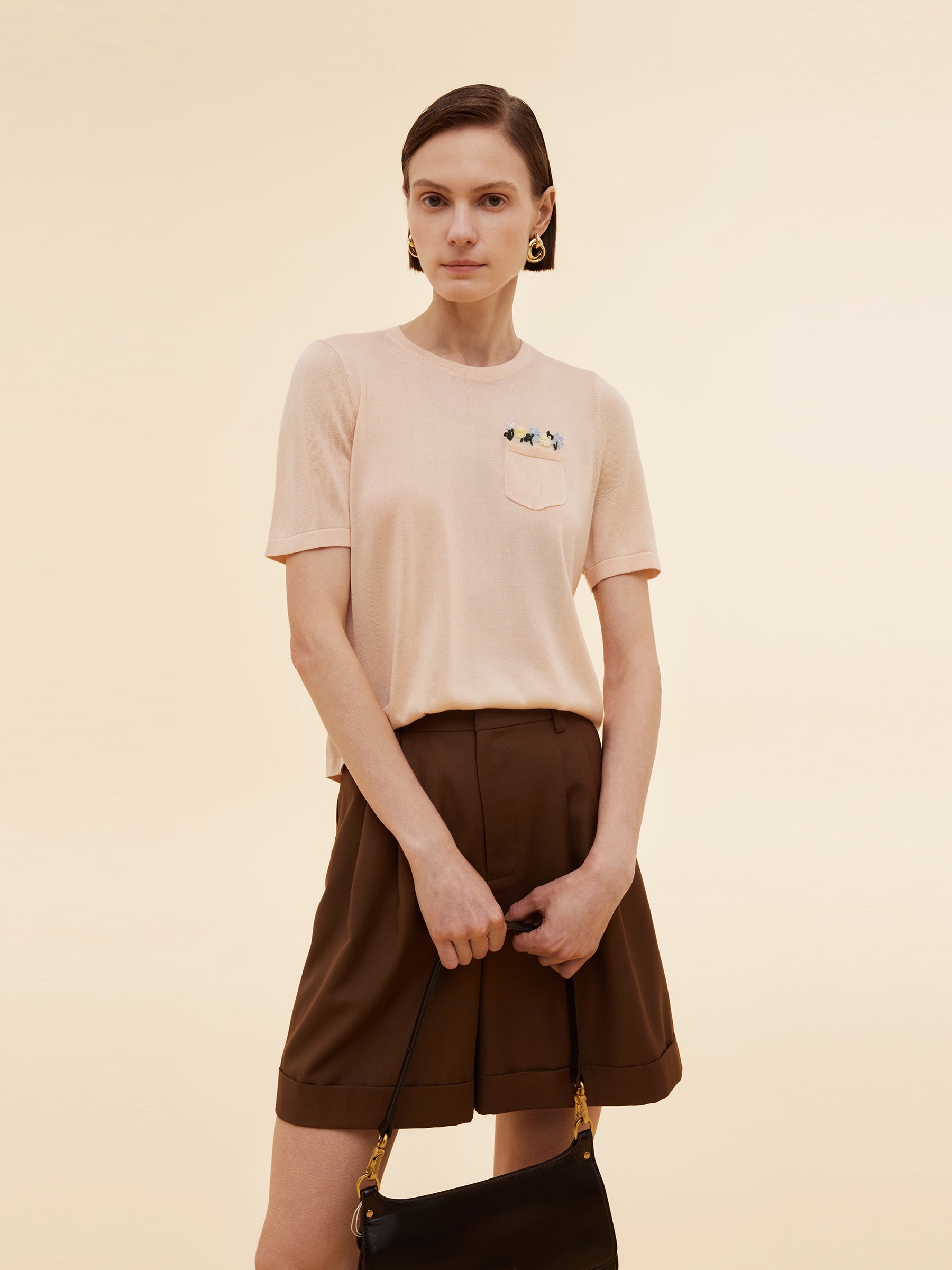 Tencel Acetate Blend Floral Embroidered Women Knit T-Shirt