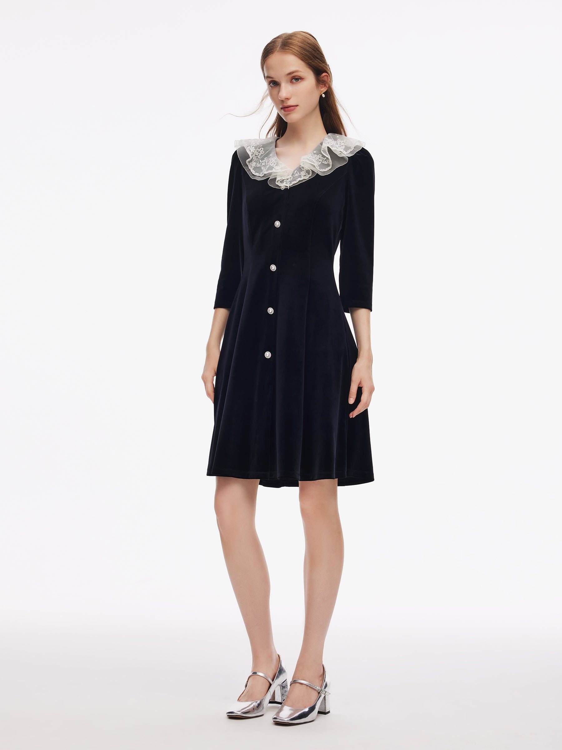 Velvet Patchwork Embroidered Collar Women Mini Dress