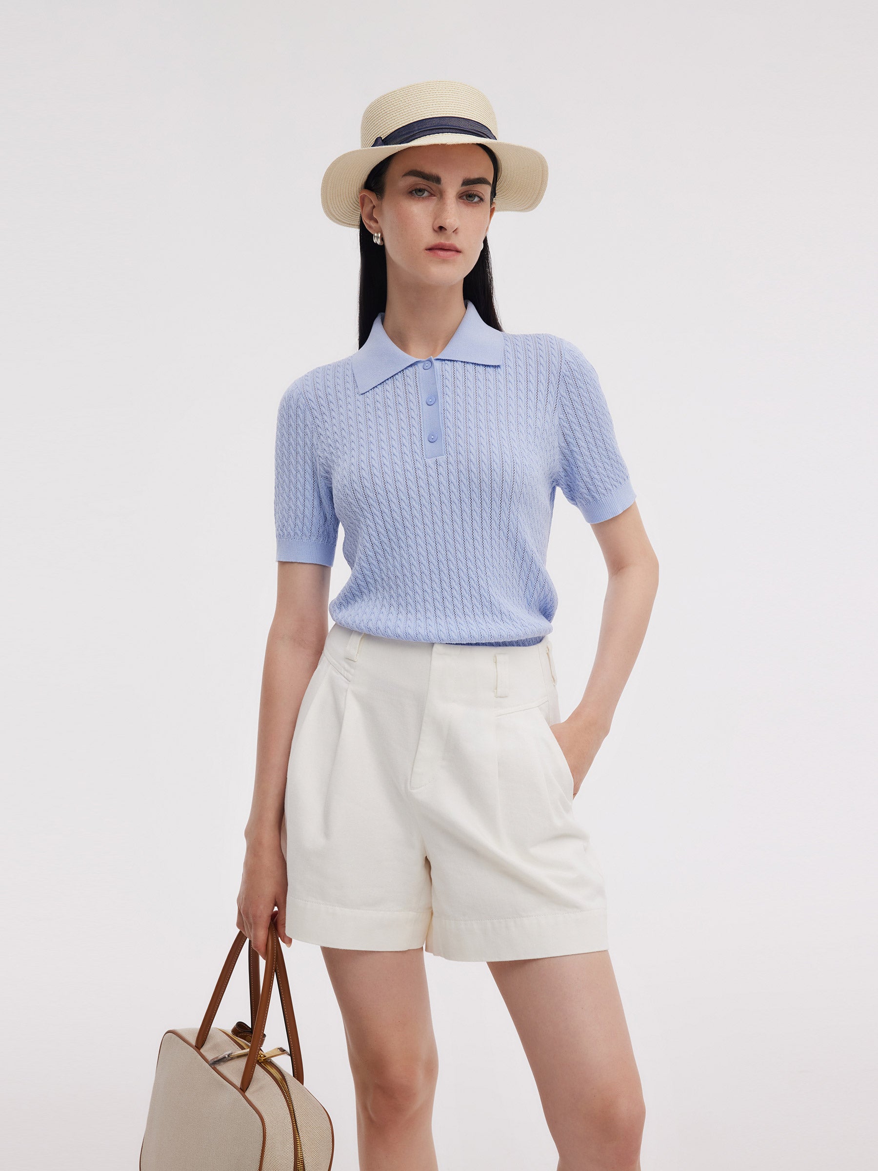 Tencel Blend Openwork Women Knit Polo Top