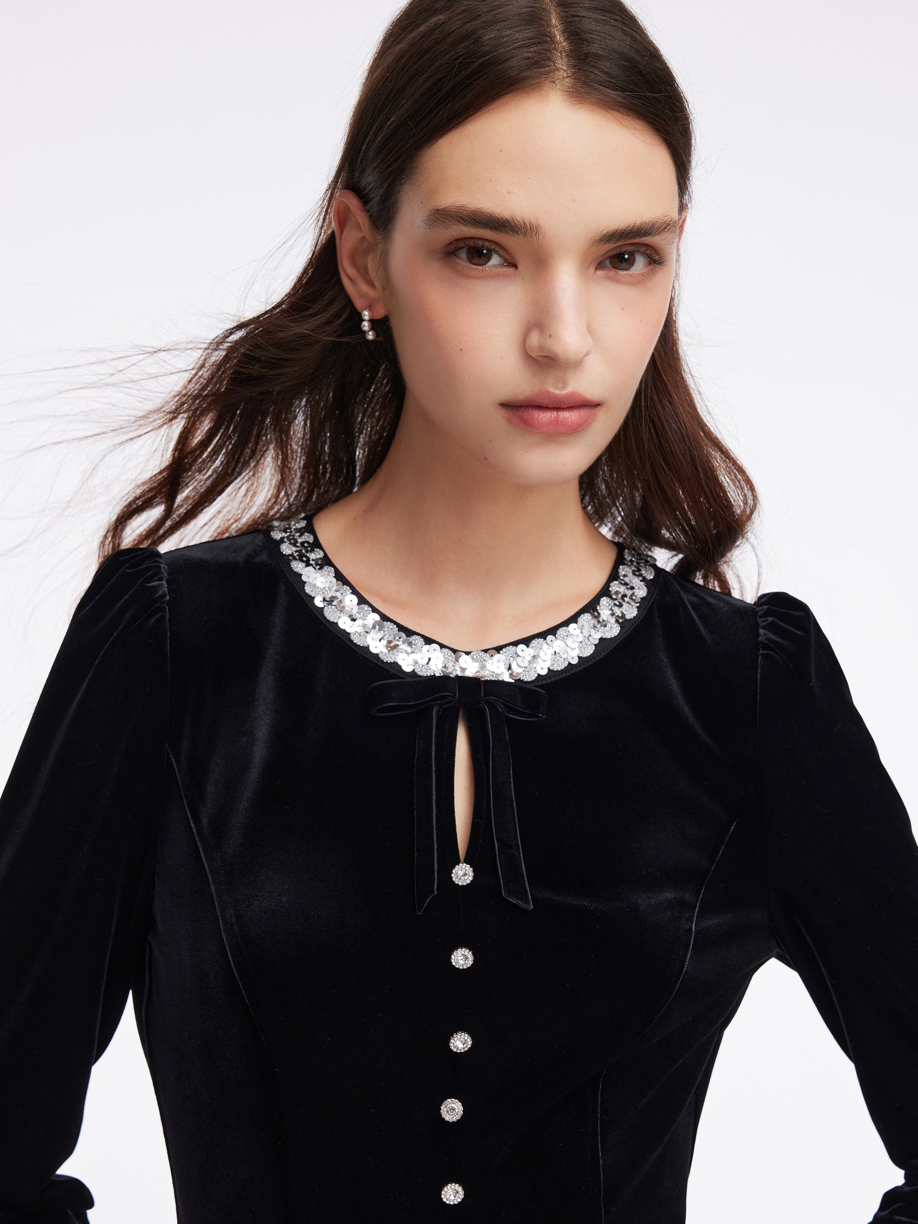 Velvet Sequined Round Neck Women Mini Dress