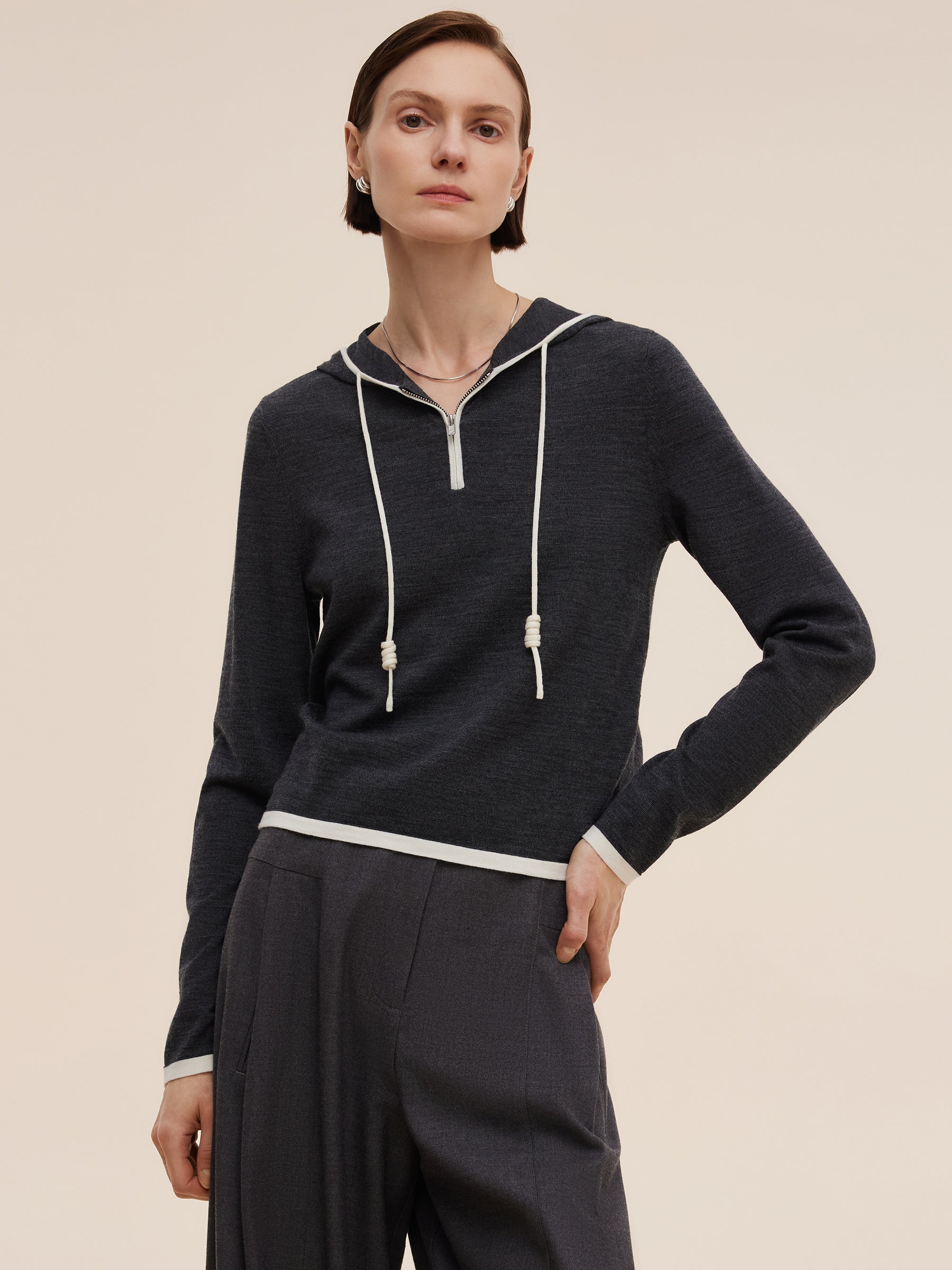Wool Blend Half-Zip Contrast Trim Women Hoodie