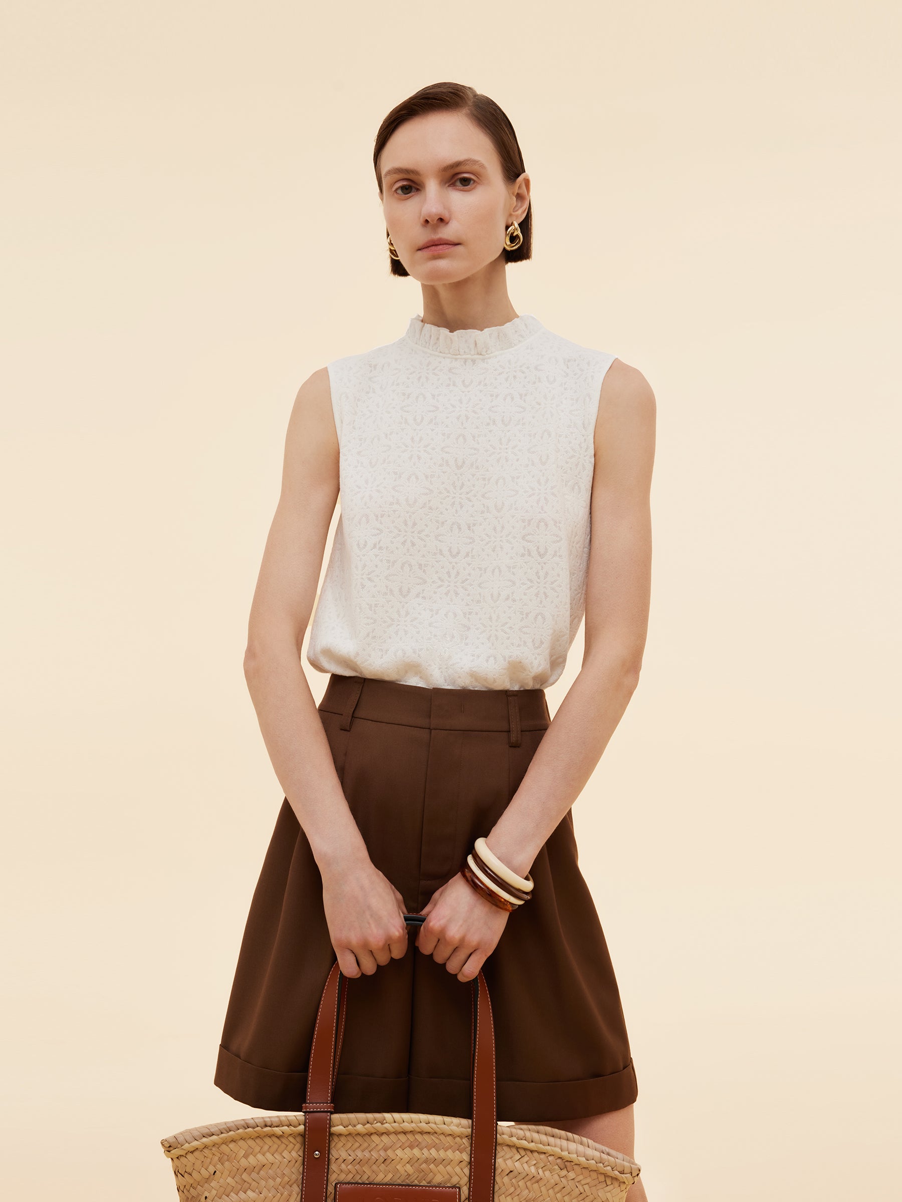 Cotton Jacquard Women Ruffle Knit Tank Top