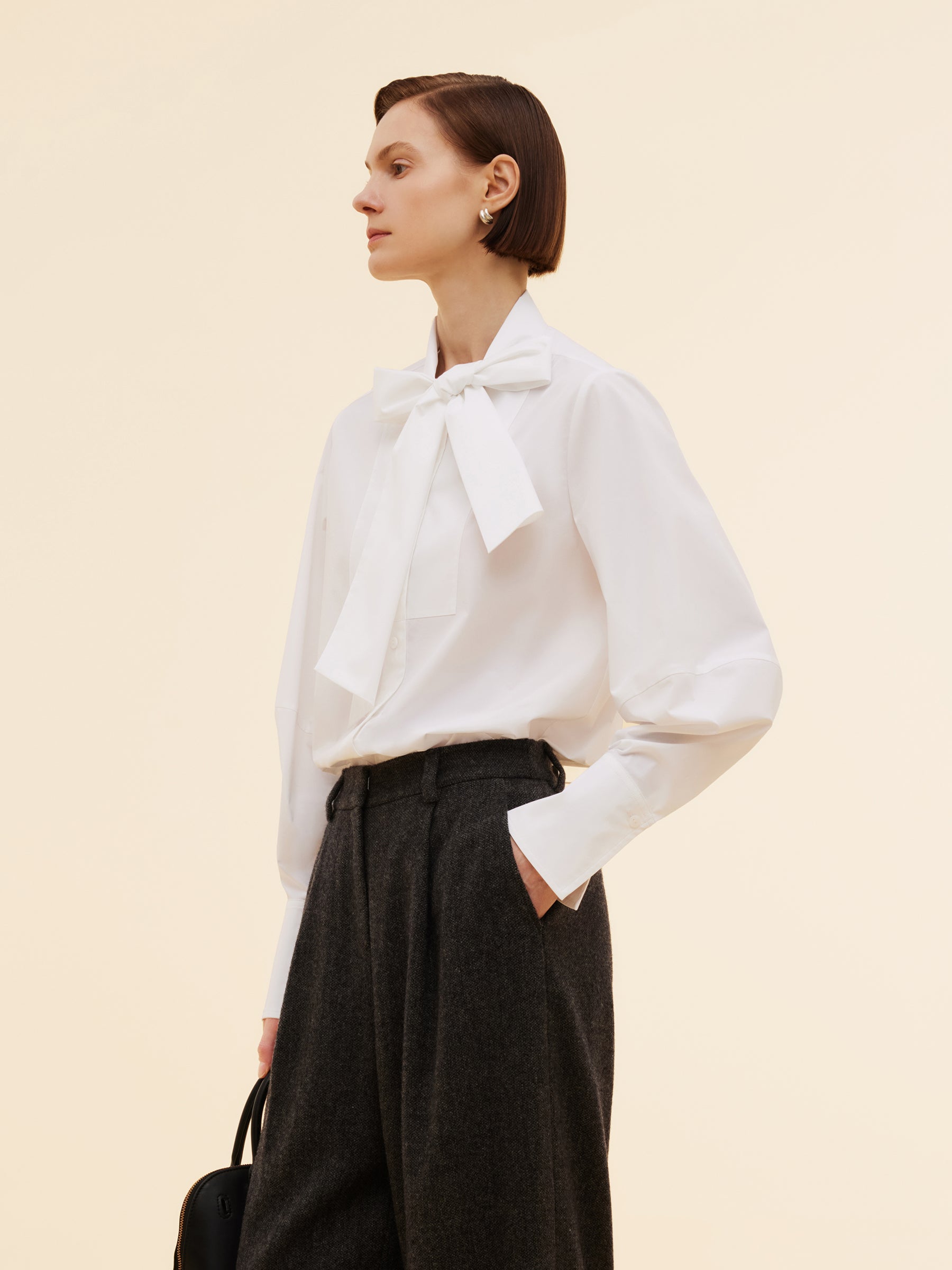 Bow Tie Front Balloon Sleeve Women Loose Shirt