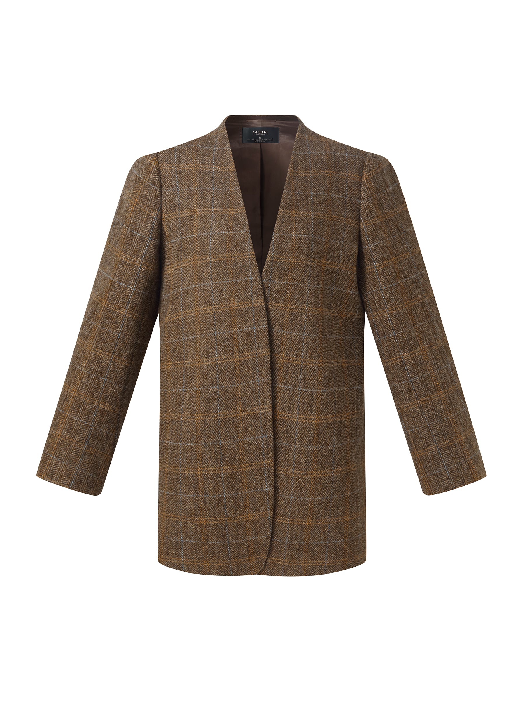 100% Wool Plaid Collarless Women Blazer