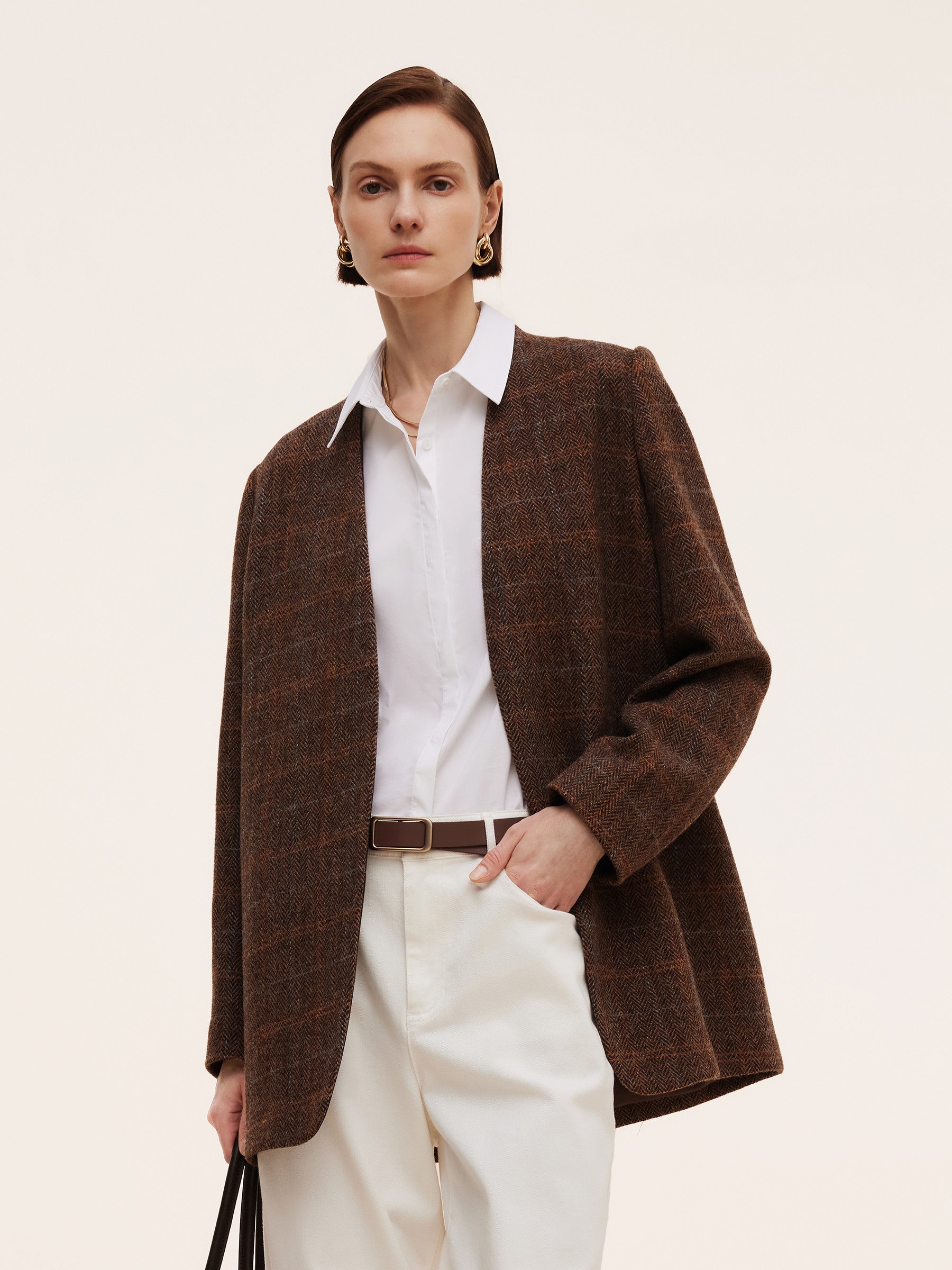 100% Wool Plaid Collarless Women Blazer