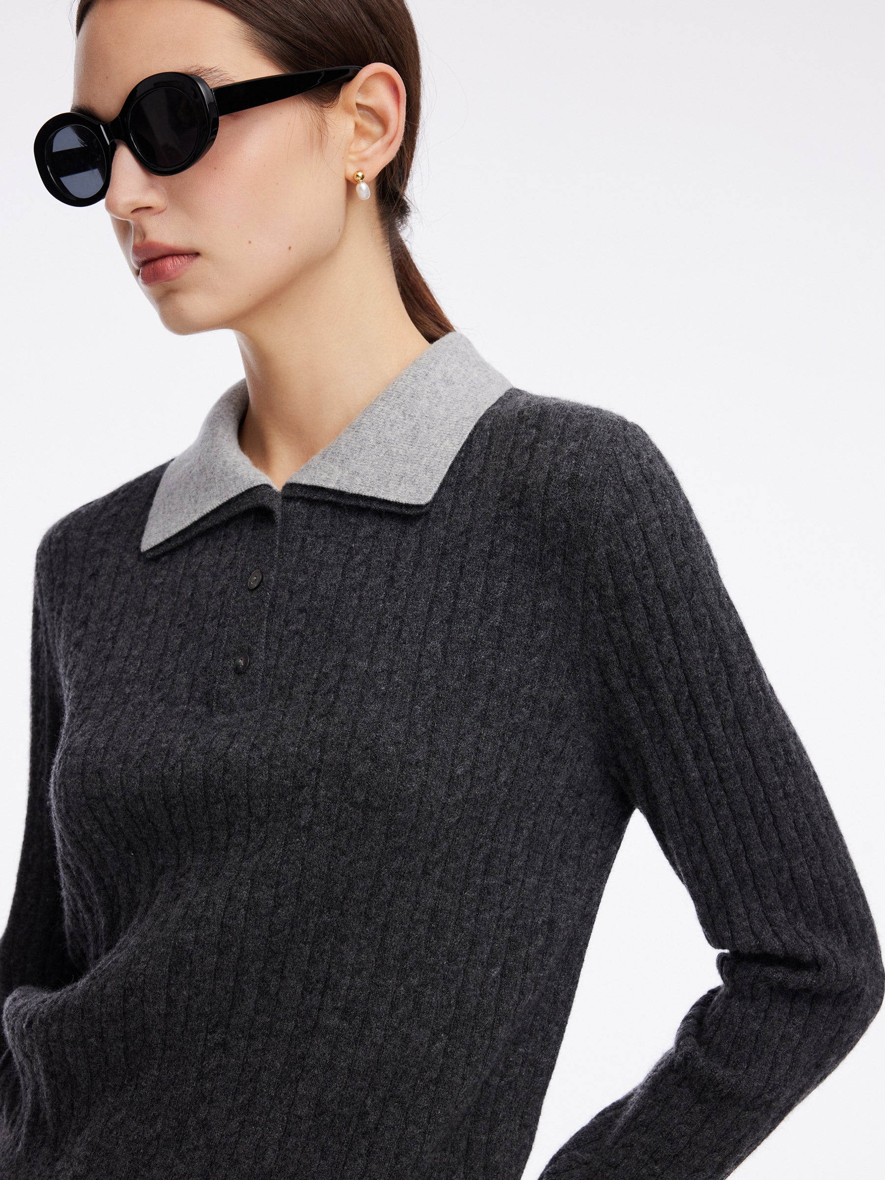 100% Wool Faux Two-Piece Lapel Women Knit Top