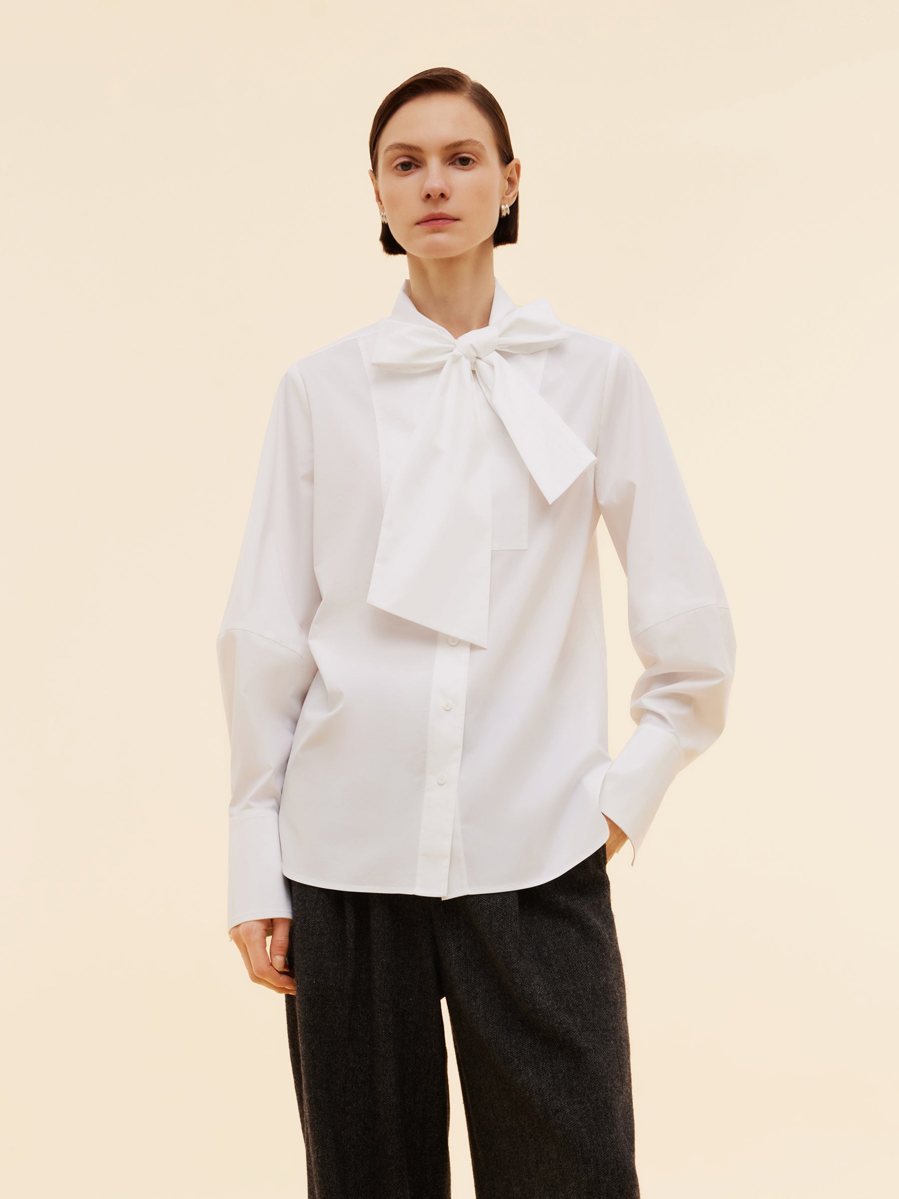 Bow Tie Front Balloon Sleeve Women Loose Shirt