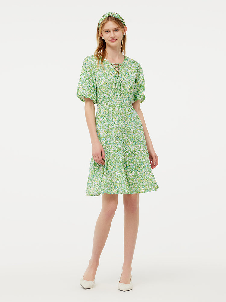 Cotton Floral Print Drawstring Front Women Mini Dress With Hairband