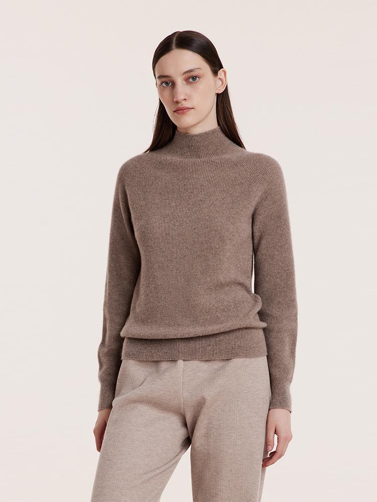 Coffee Seamless Mock Neck Cashmere Women Sweater