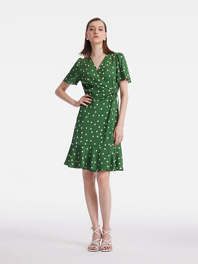 19 Momme Mulberry Silk Polka Dots Print Ruffle Women Mini Dress With Scrunchie