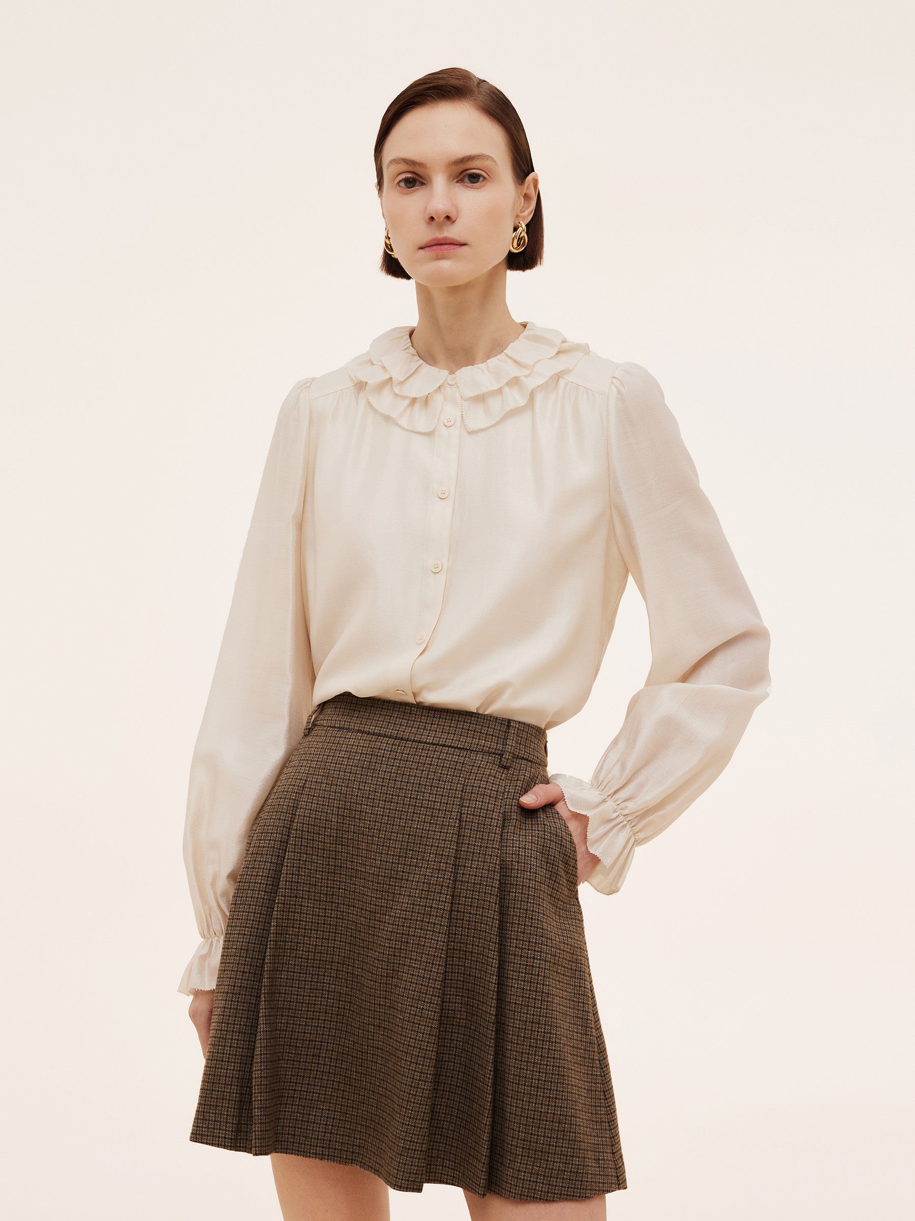 Acetate Modal Blend Ruffle Neckline Women Shirt