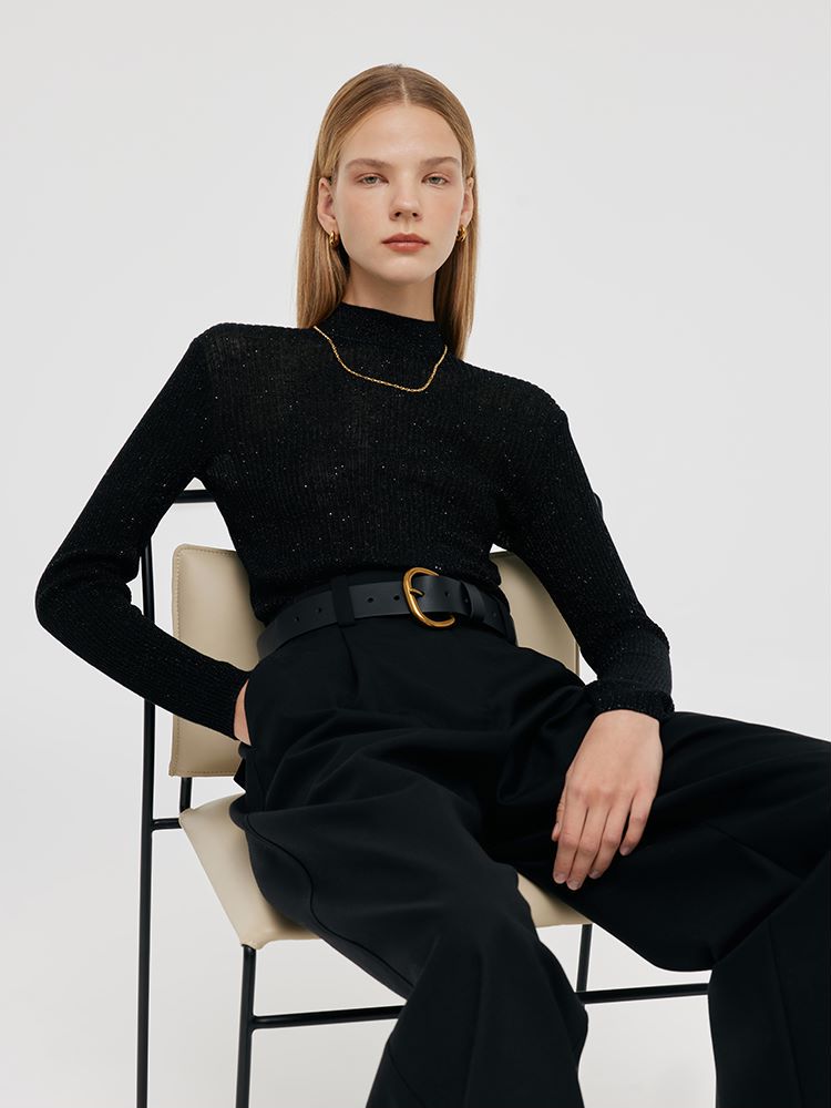 Sequins Sheath Mock Neck Women Sweater