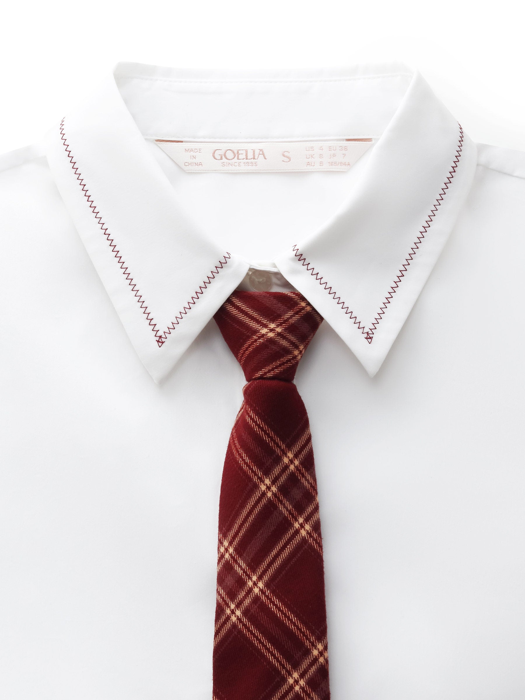 Embroidered Collar Women Shirt With Detachable Plaid Tie