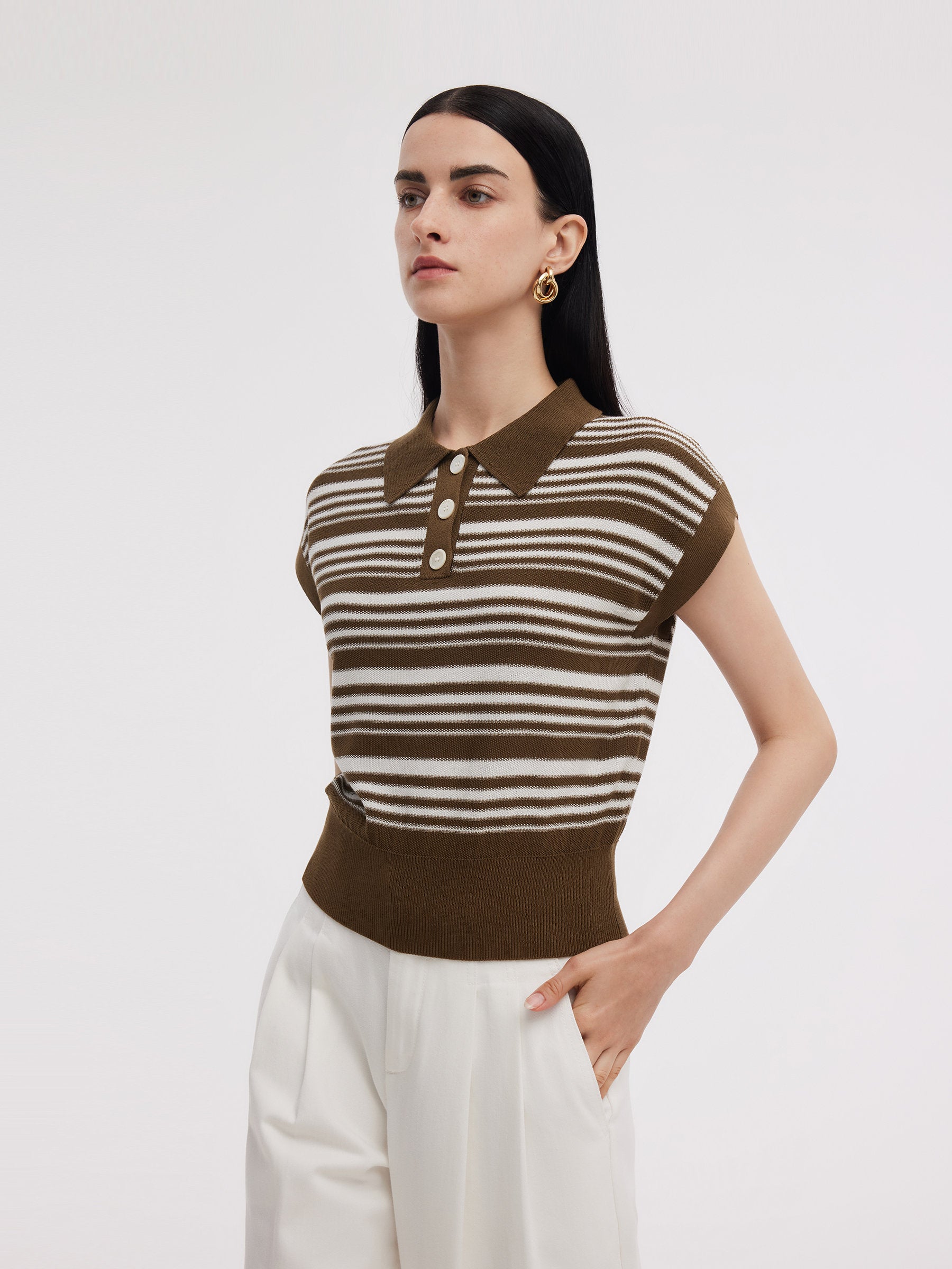 Tencel Blend Polo Collar Stripe Women Cap Sleeve Knit Tank Top