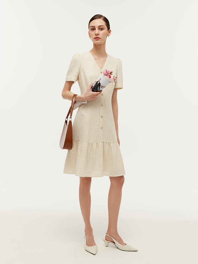 Tweed Sequins V-Neck Ruffle Hem Women Mini Dress