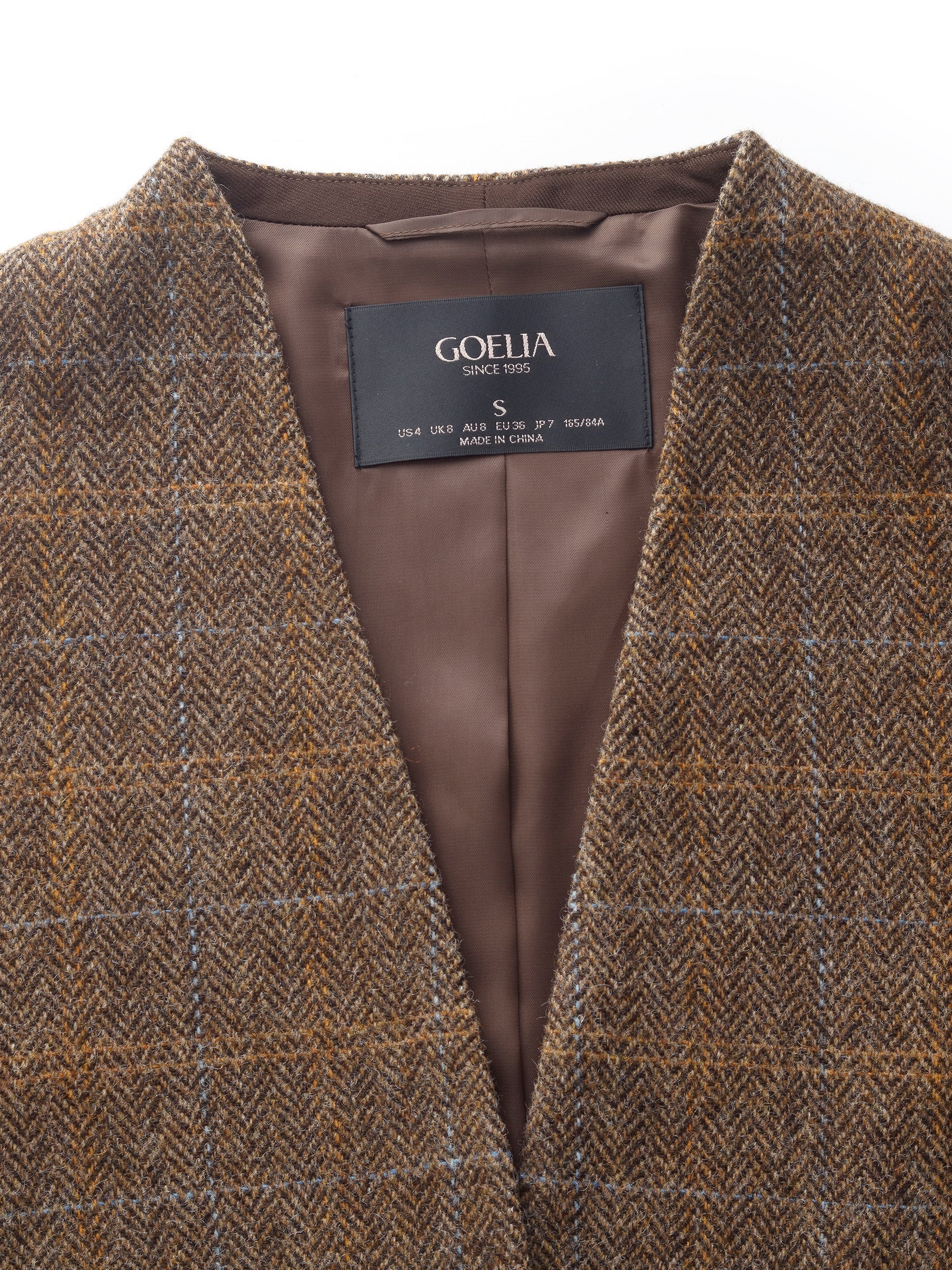 100% Wool Plaid Collarless Women Blazer