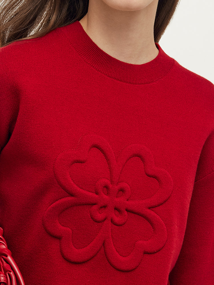 Tencel Wool Blend Four-Leaf Clover Embossed Women Sweater