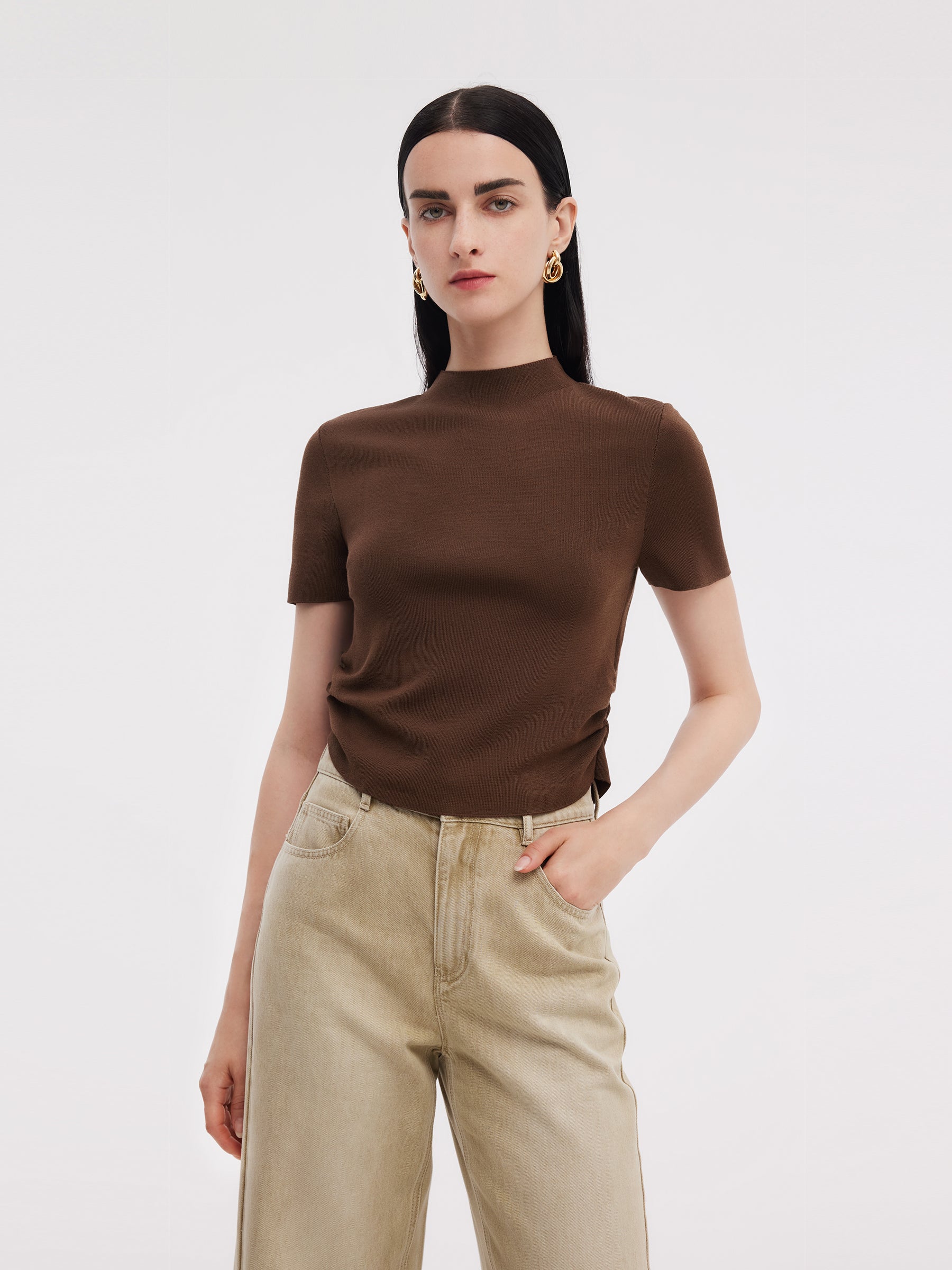 Tencel Acetate Blend Women Side Pleat Knit Top