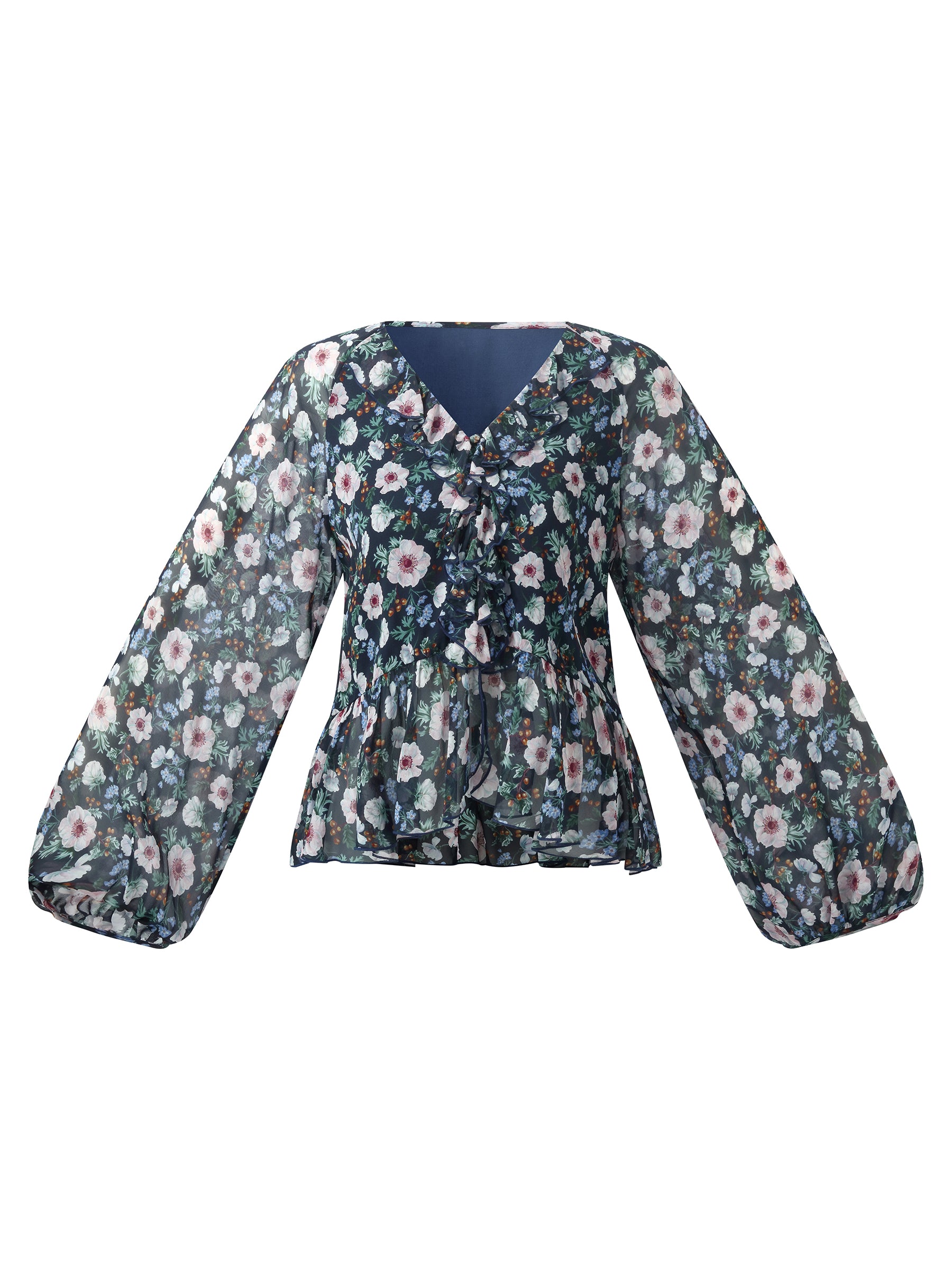 10MM Mulberry Silk Floral Print Women Ruffle V-Neck Blouse