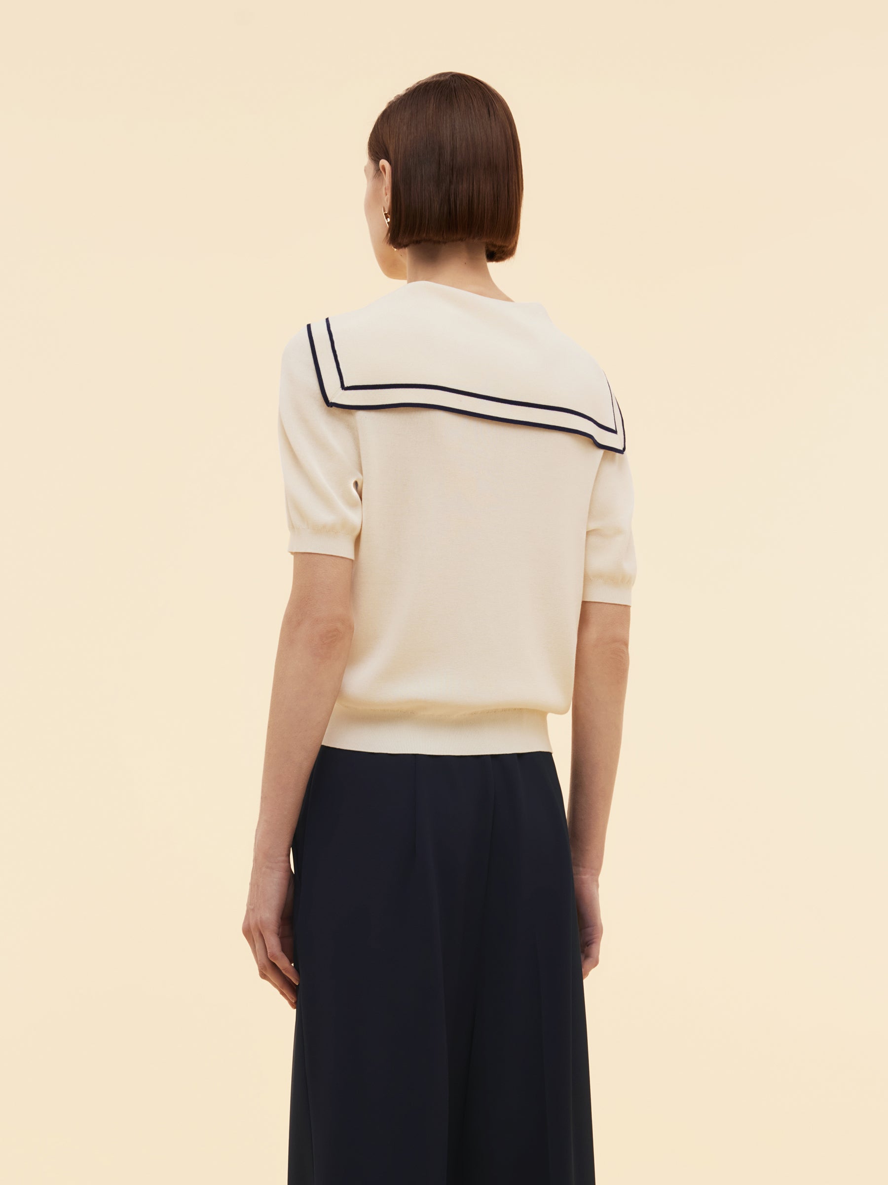 Acetate Cotton Blend Women Sailor Collar Knit Top