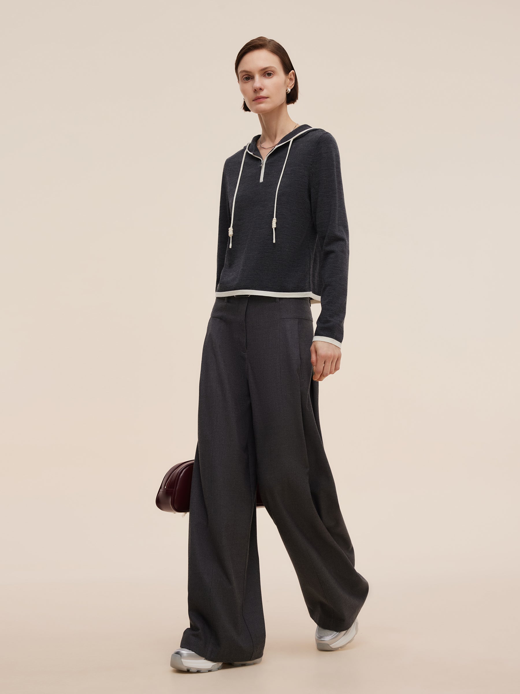 Wool Blend Half-Zip Contrast Trim Women Hoodie