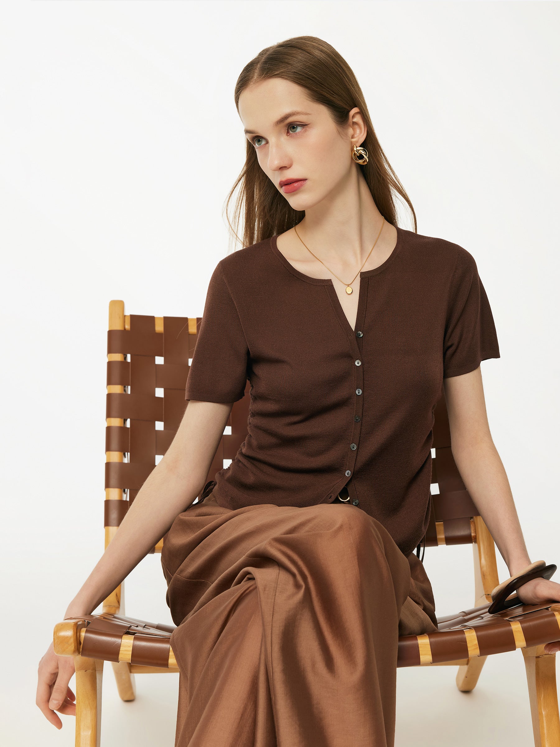 Acetate Tencel Blend Side Drawstring Women Knit Top