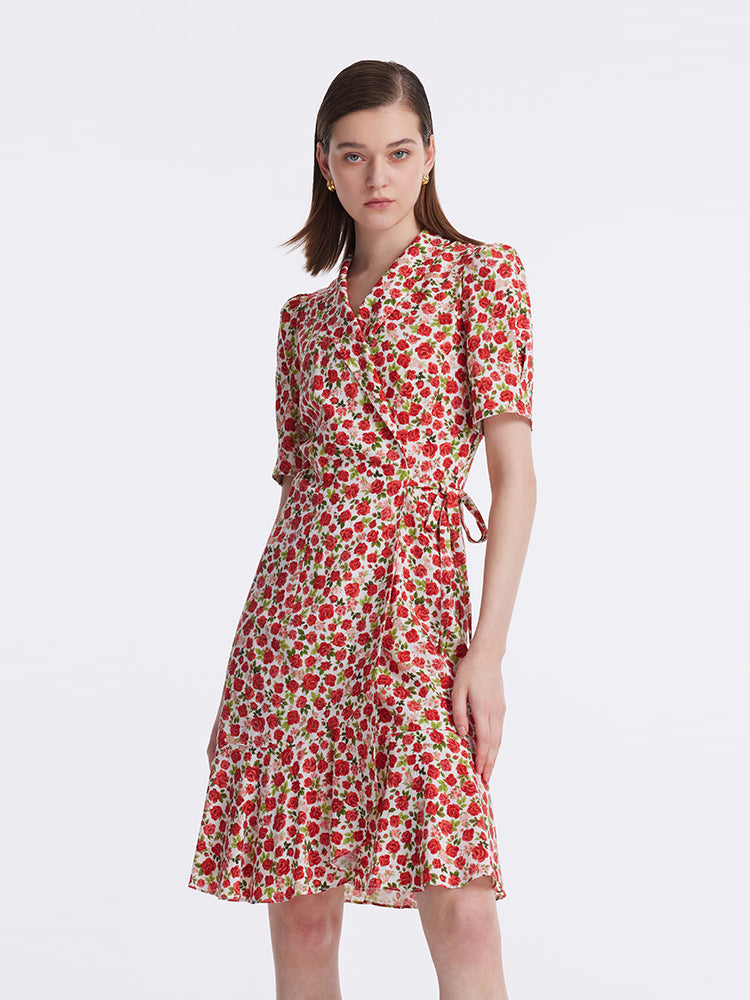 Rose Print Wrapped Ruffle Women Mini Dress