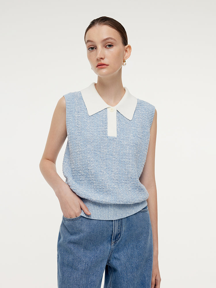 Contrast Collar Women Knit Polo Tank Top