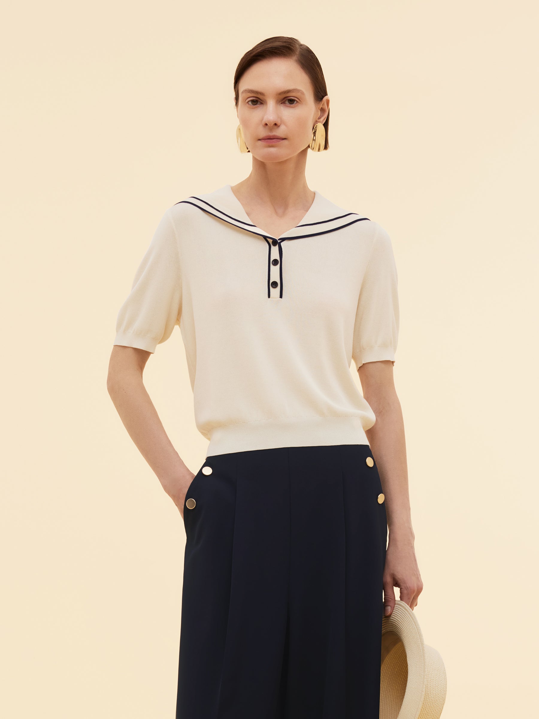 Acetate Cotton Blend Women Sailor Collar Knit Top