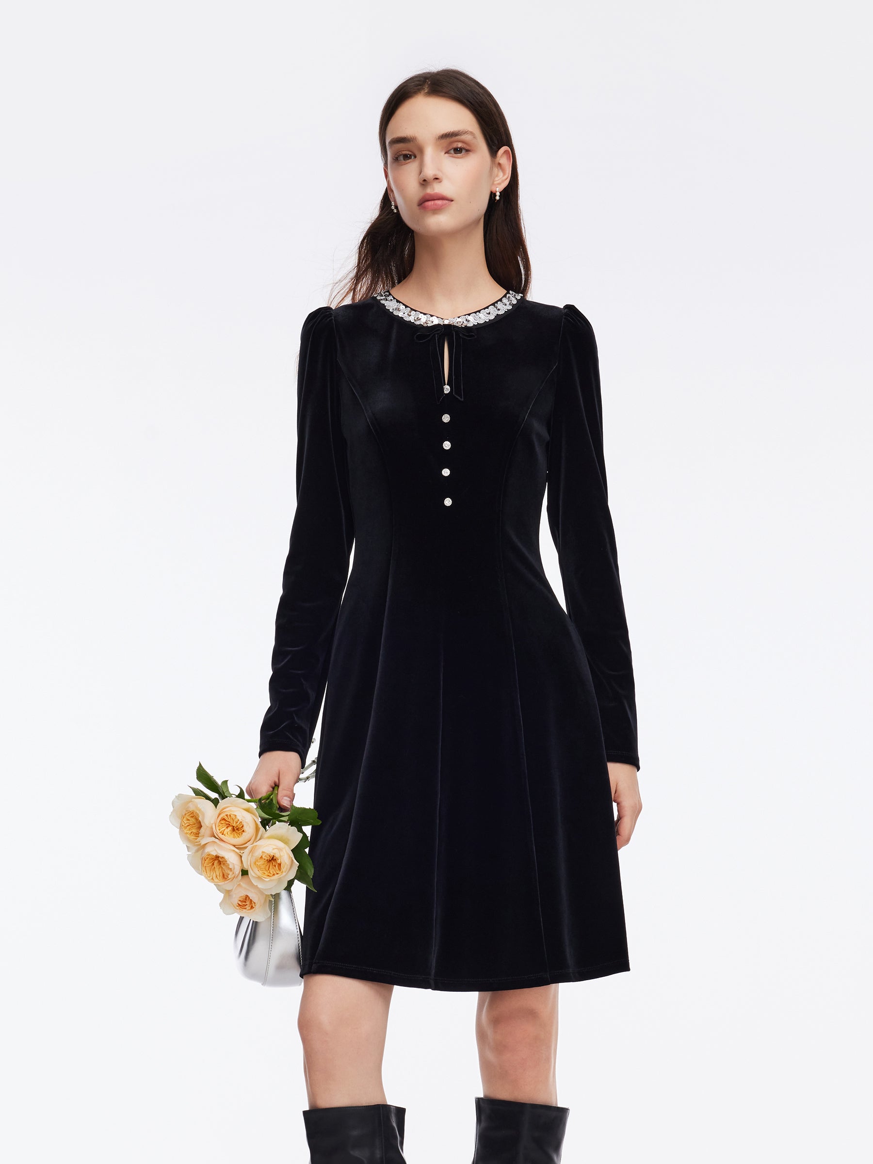 Velvet Sequined Round Neck Women Mini Dress