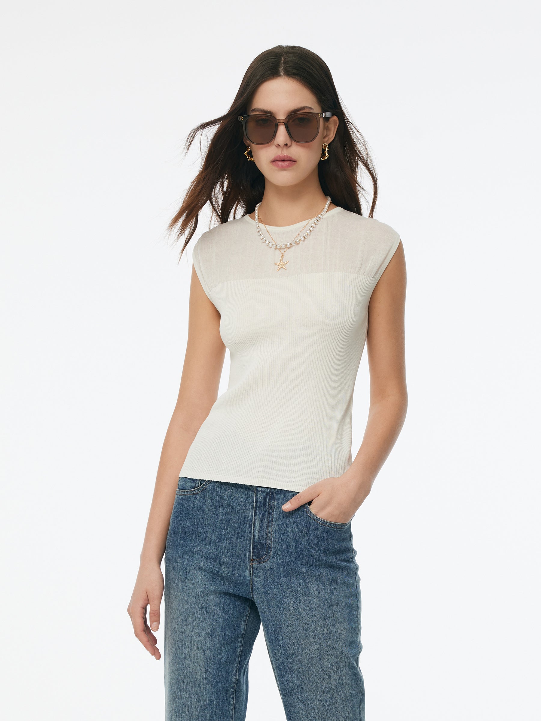 Round Neck Women Patchwork Knit Tank Top