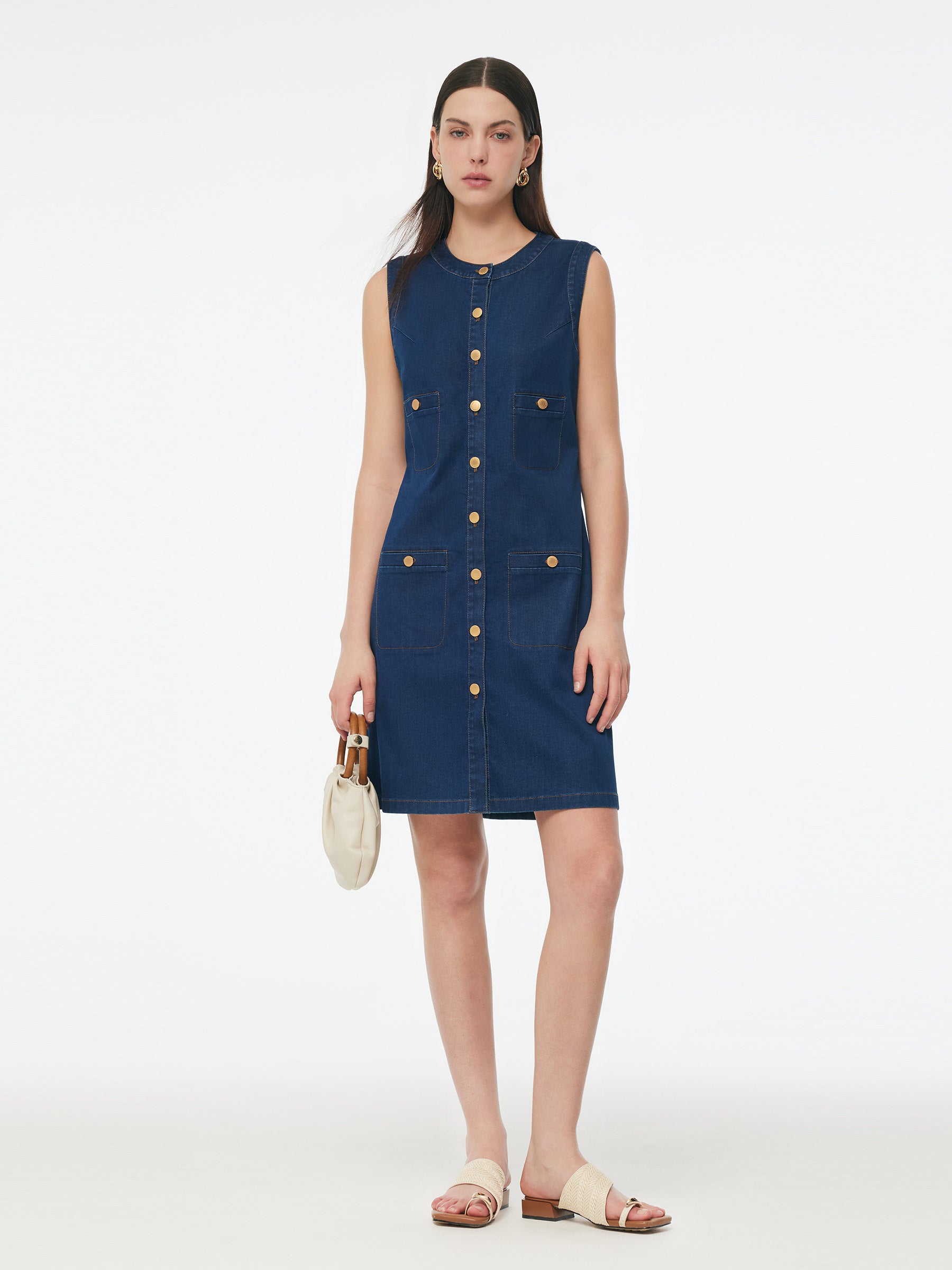 Denim Stretch Front Button Women Mini Dress