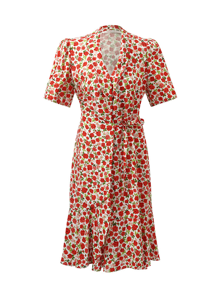 Rose Print Wrapped Ruffle Women Mini Dress