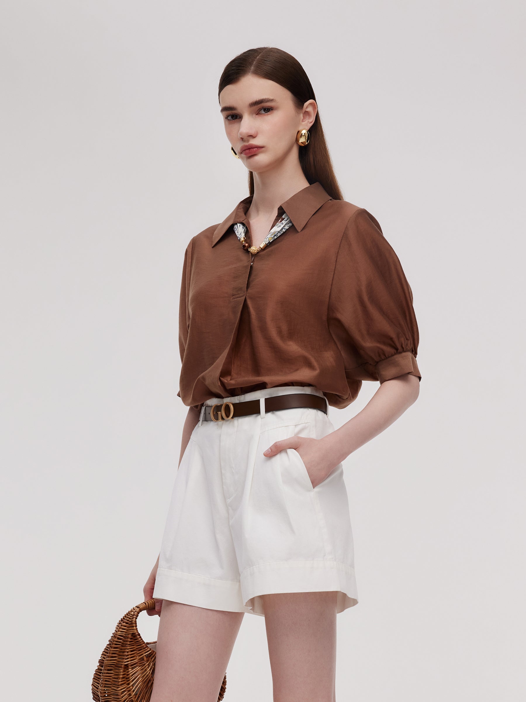 Tencel Blend Loose Fit Women Blouse With Silk Scarf