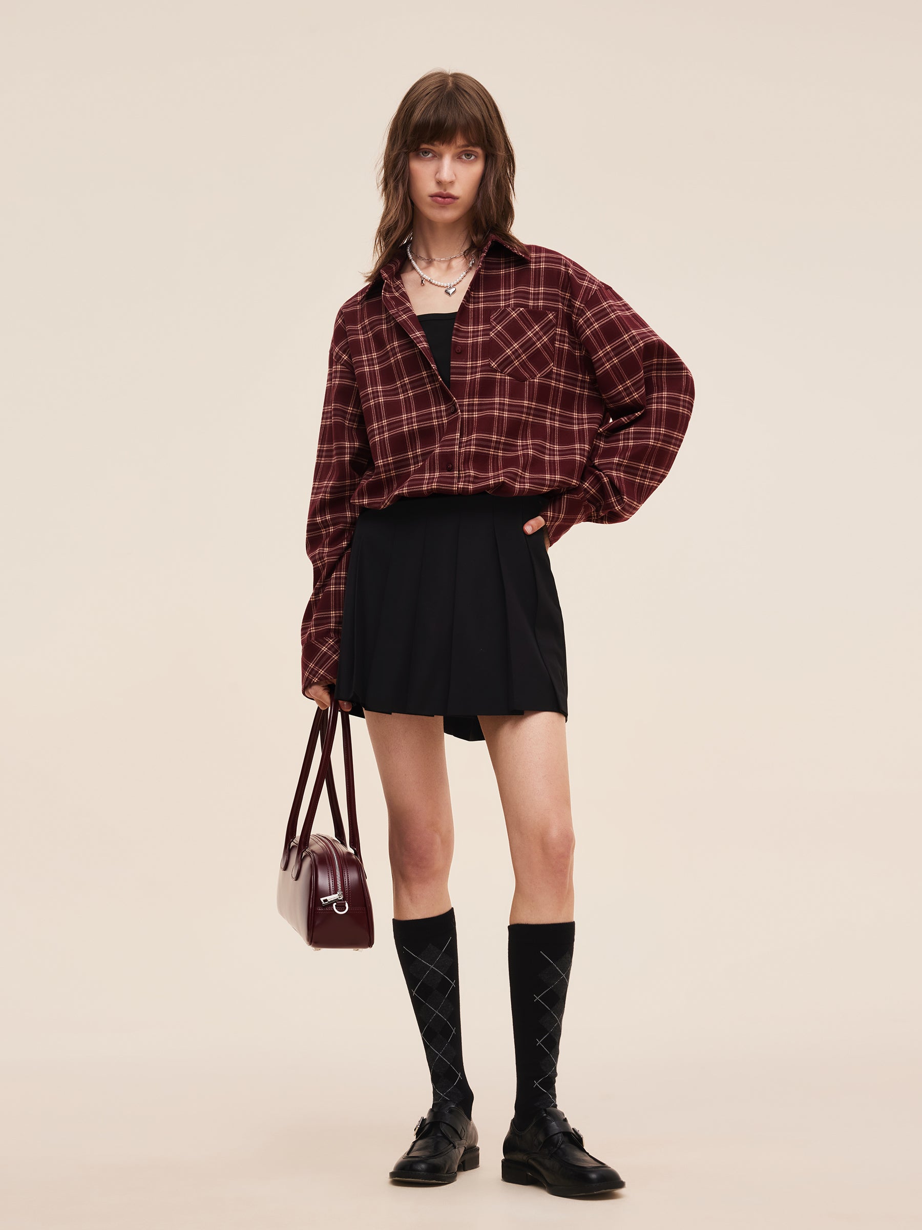 Mock Layered Plaid Women Long Sleeve Shirt
