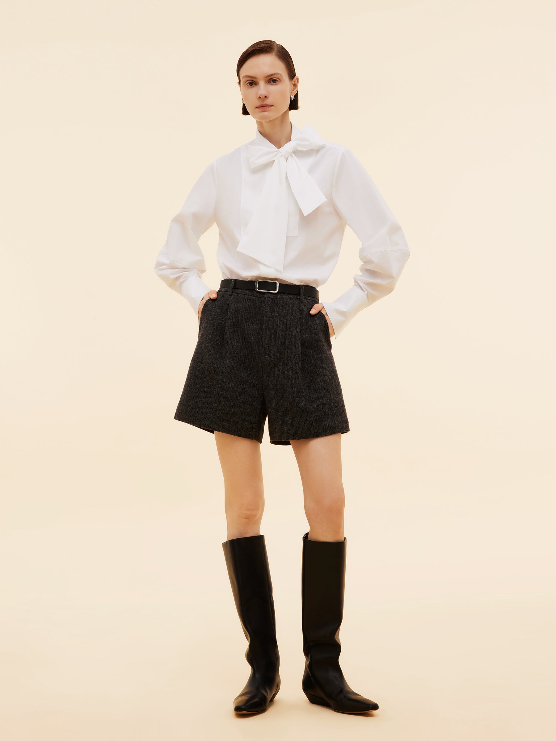 Bow Tie Front Balloon Sleeve Women Loose Shirt