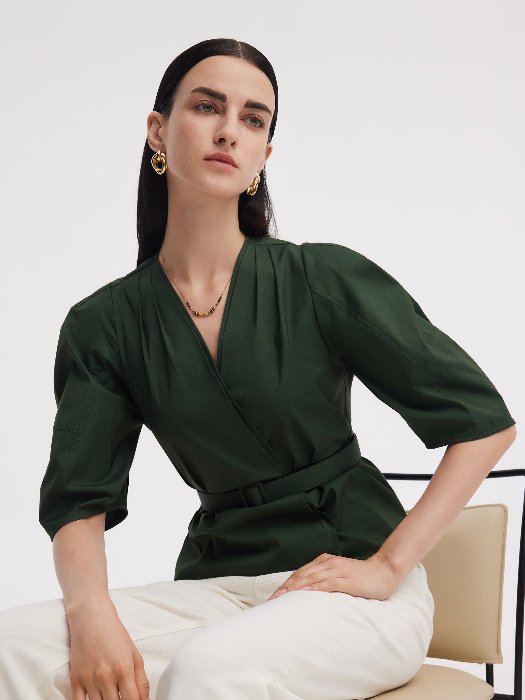 Dark Green V-Neck Women Blouse With Belt