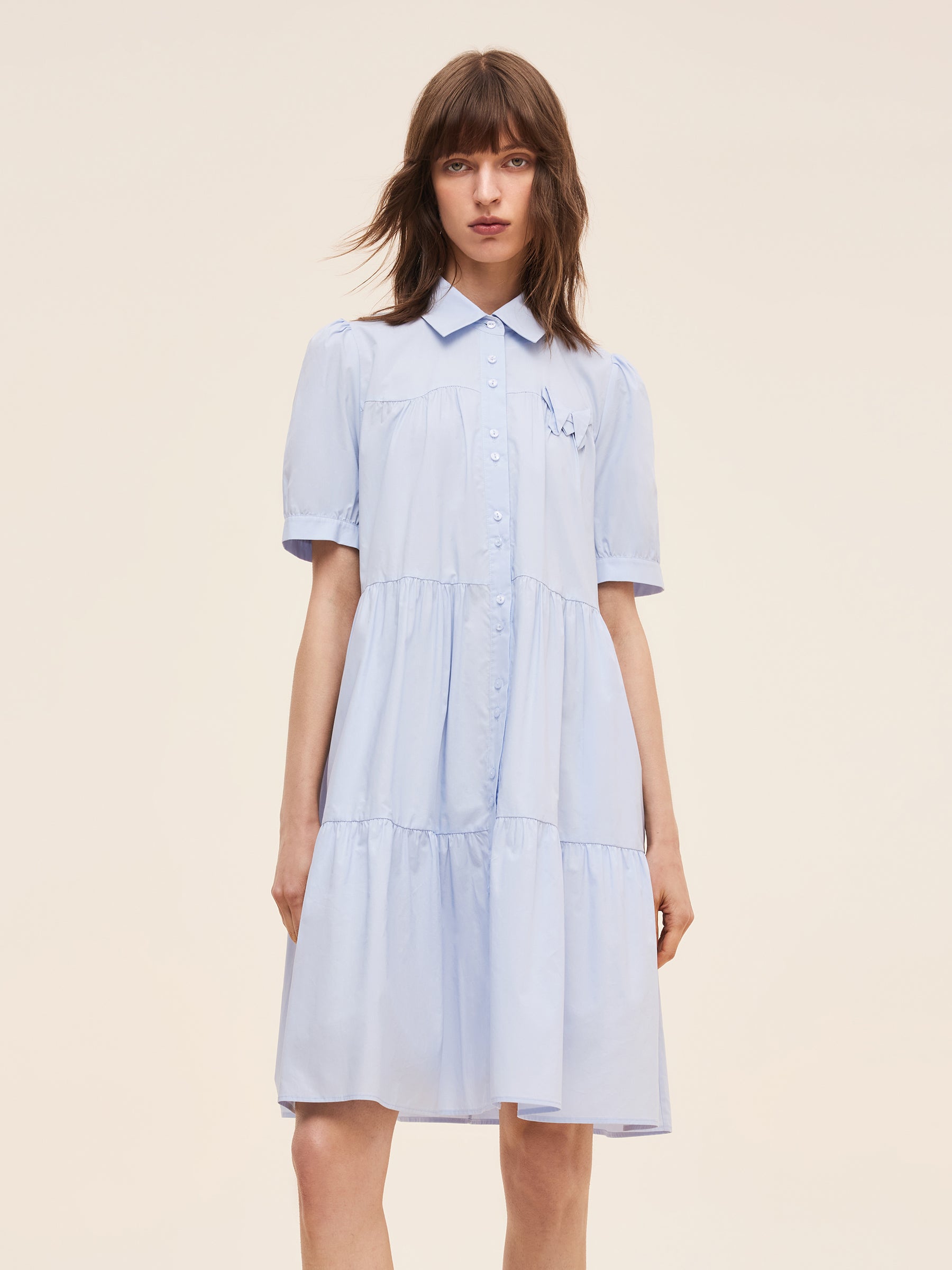 100% Cotton Women Puff Sleeve Mini Dress With Ribbon