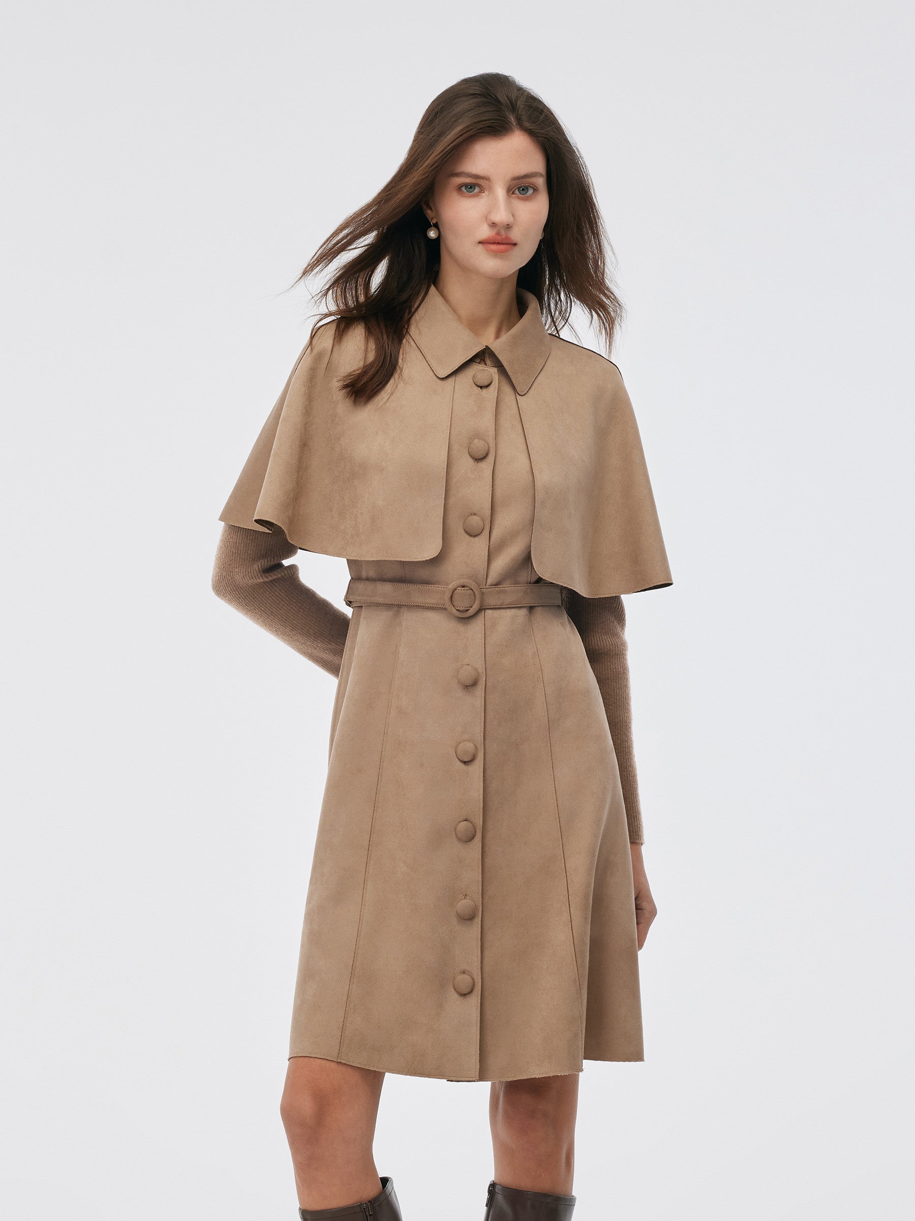 Faux Suede Patchwork Mini Dress With Detachable Short Cape And Belt