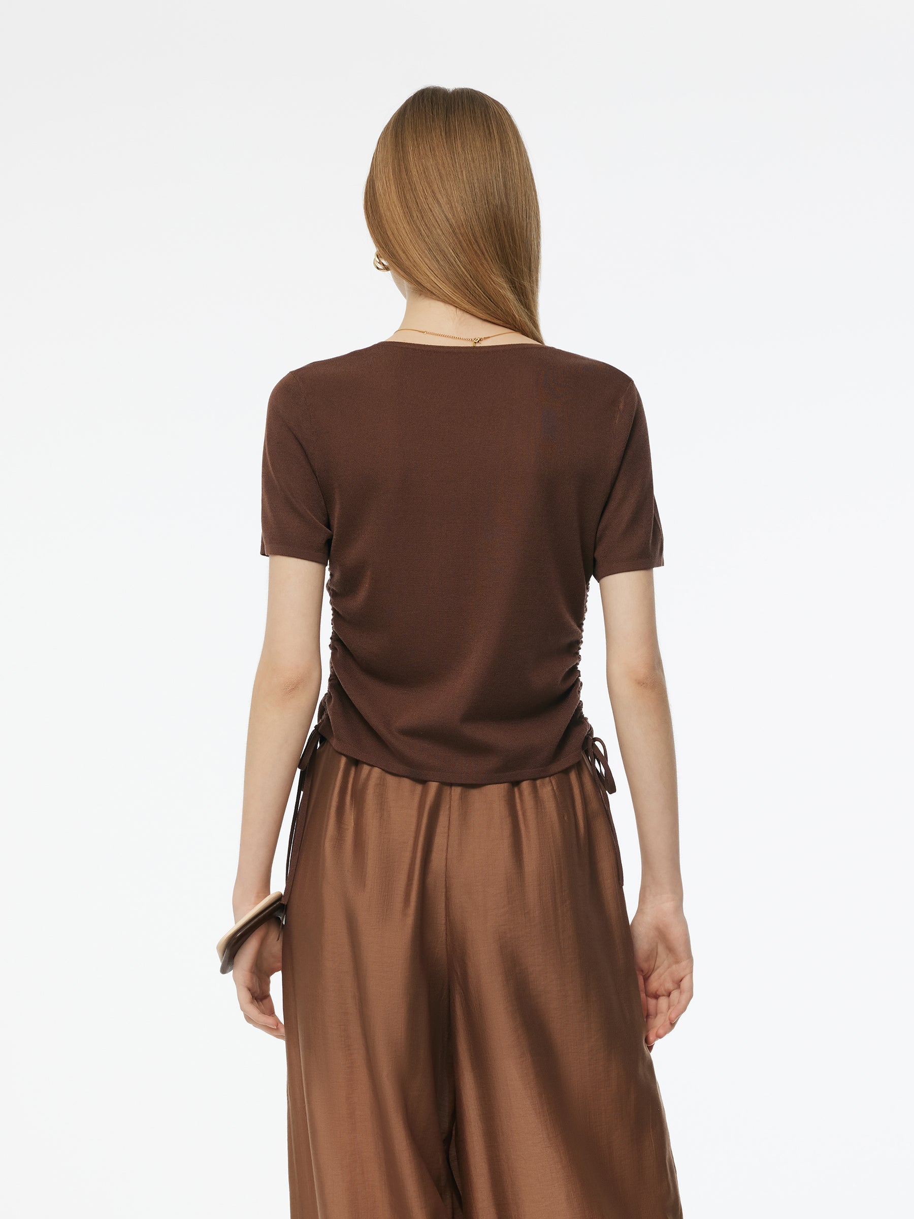 Acetate Tencel Blend Side Drawstring Women Knit Top