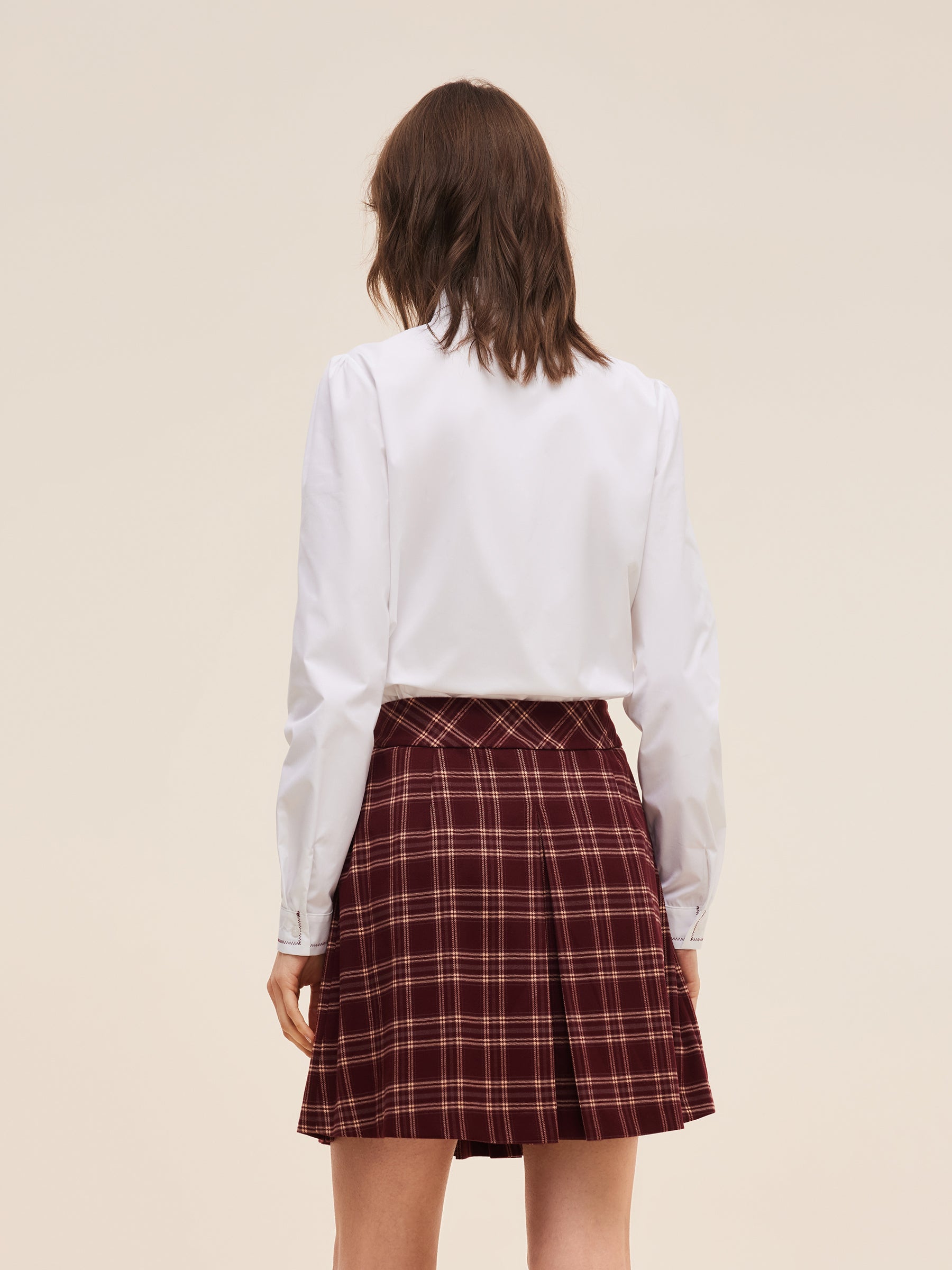 Embroidered Collar Women Shirt With Detachable Plaid Tie