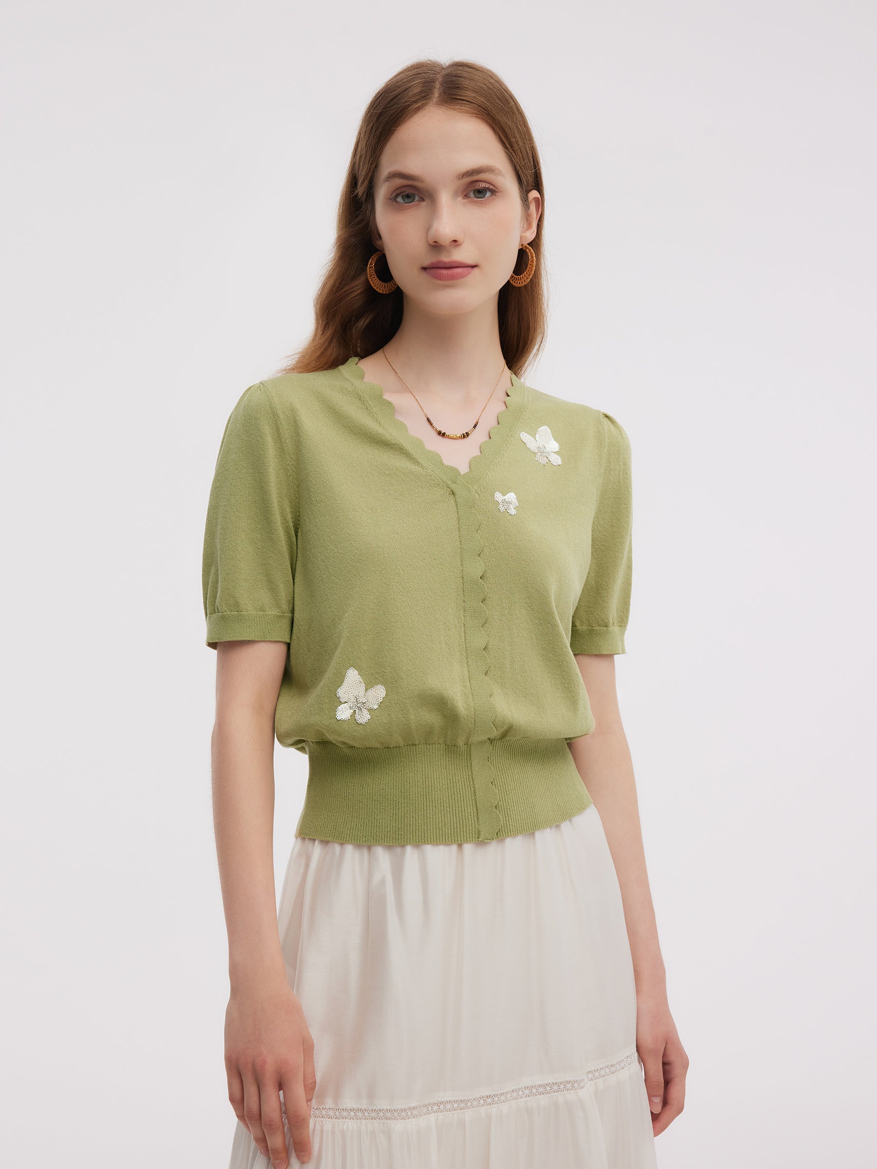 Tencel Blend Butterfly Embroidered Women Knit Top