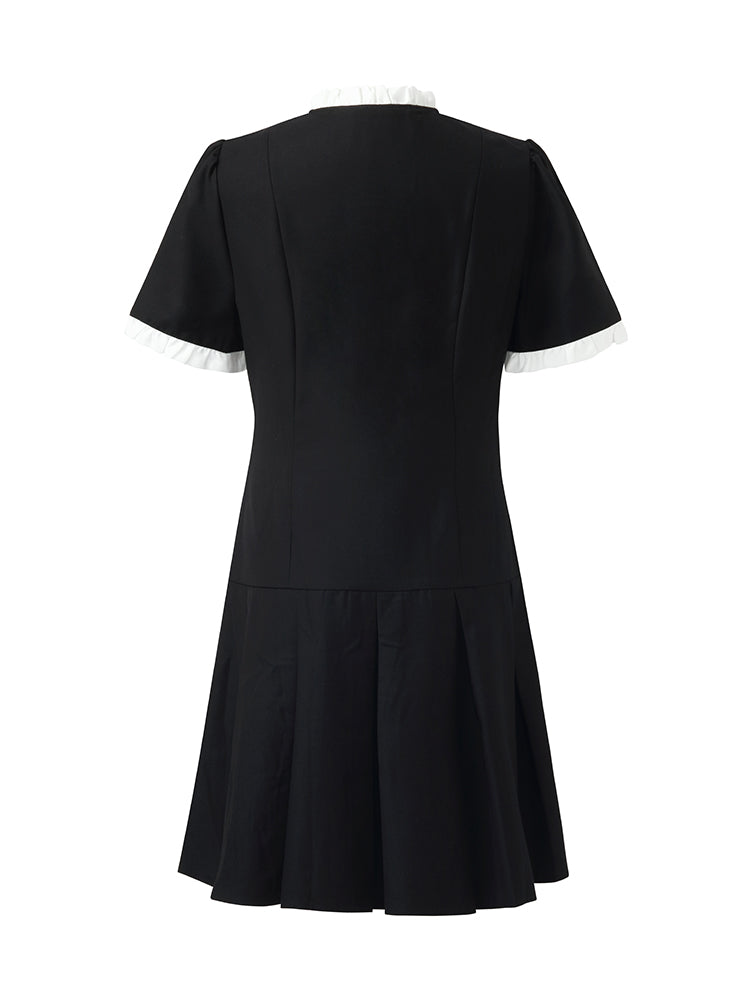 Ruffle Trim Pearl Buttons Women Mini Dress